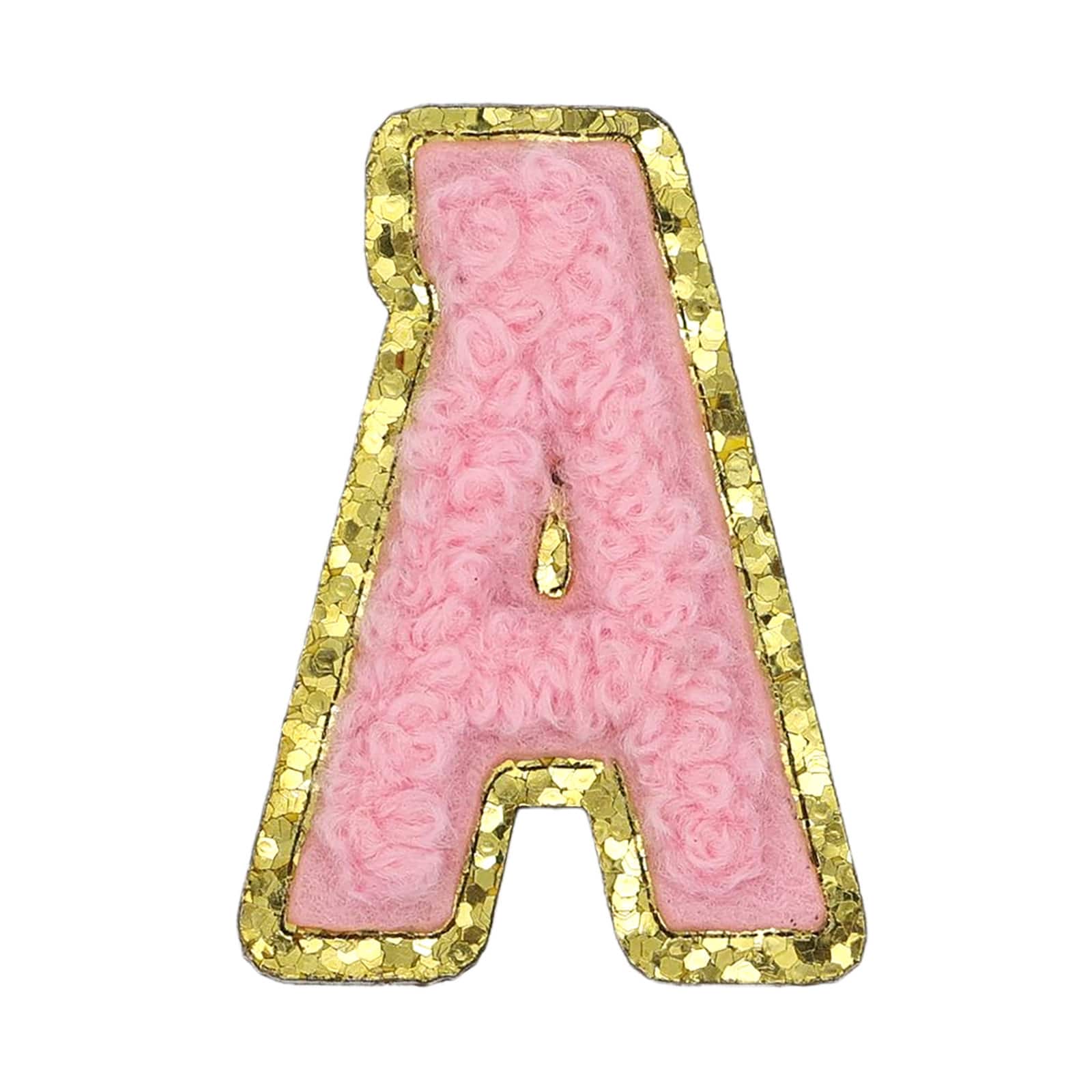 Mini Pink Chenille Letter Iron On &#x26; Adhesive Patch by Make Market&#xAE;