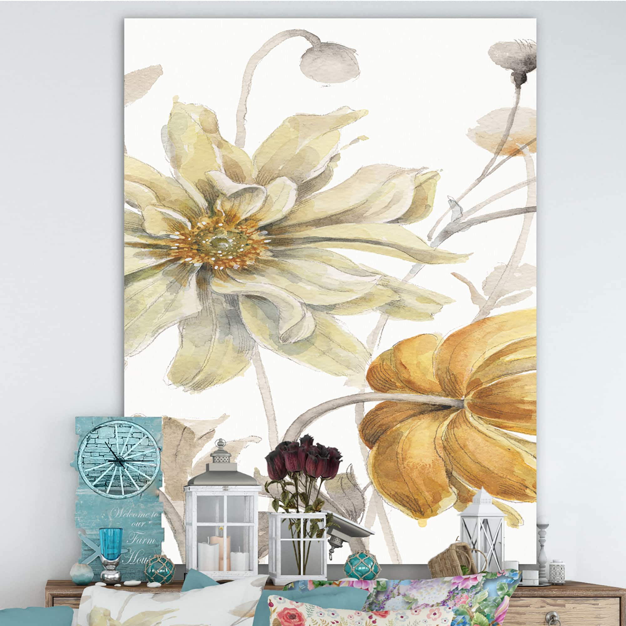 Designart - Fields of Gold Watercolor Flower I - Cabin & Lodge Gallery-wrapped Canvas