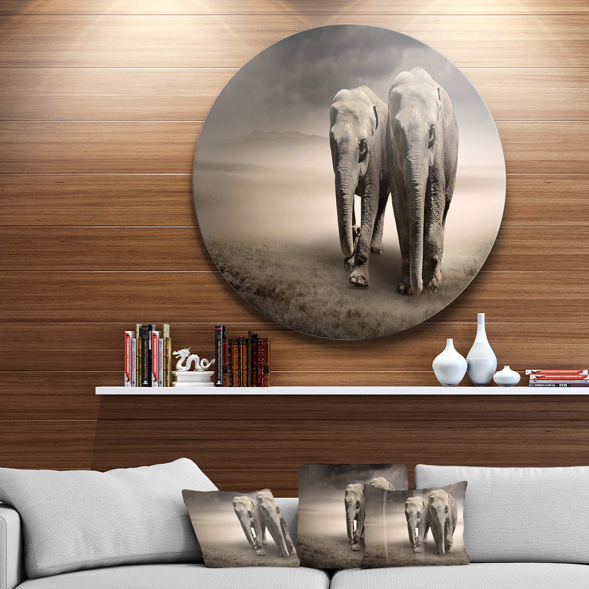 Designart - Elephant Pair in Motion' Ultra Glossy Animal Oversized Metal Circle Wall Art