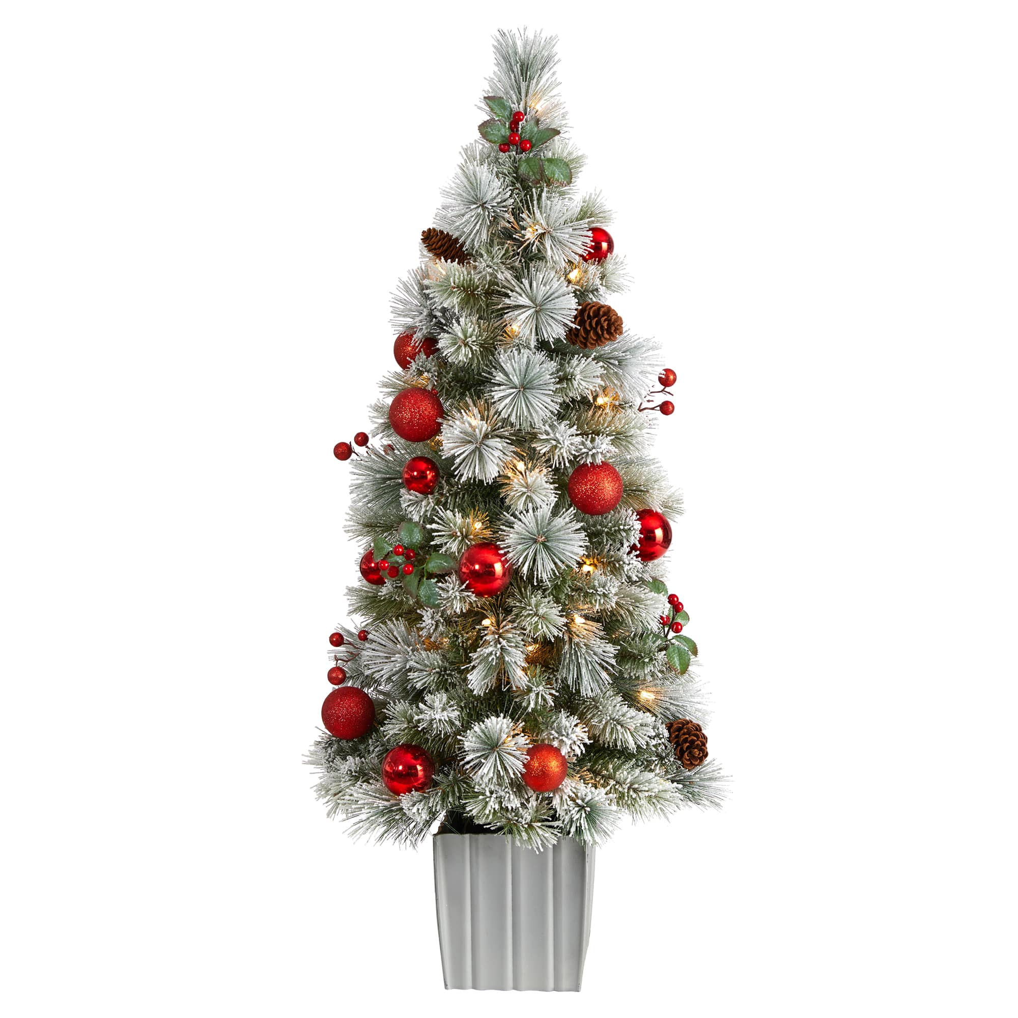 4ft. Pre-Lit Winter Flocked Artificial Christmas Tree in Decorative Planter, White LED Lights