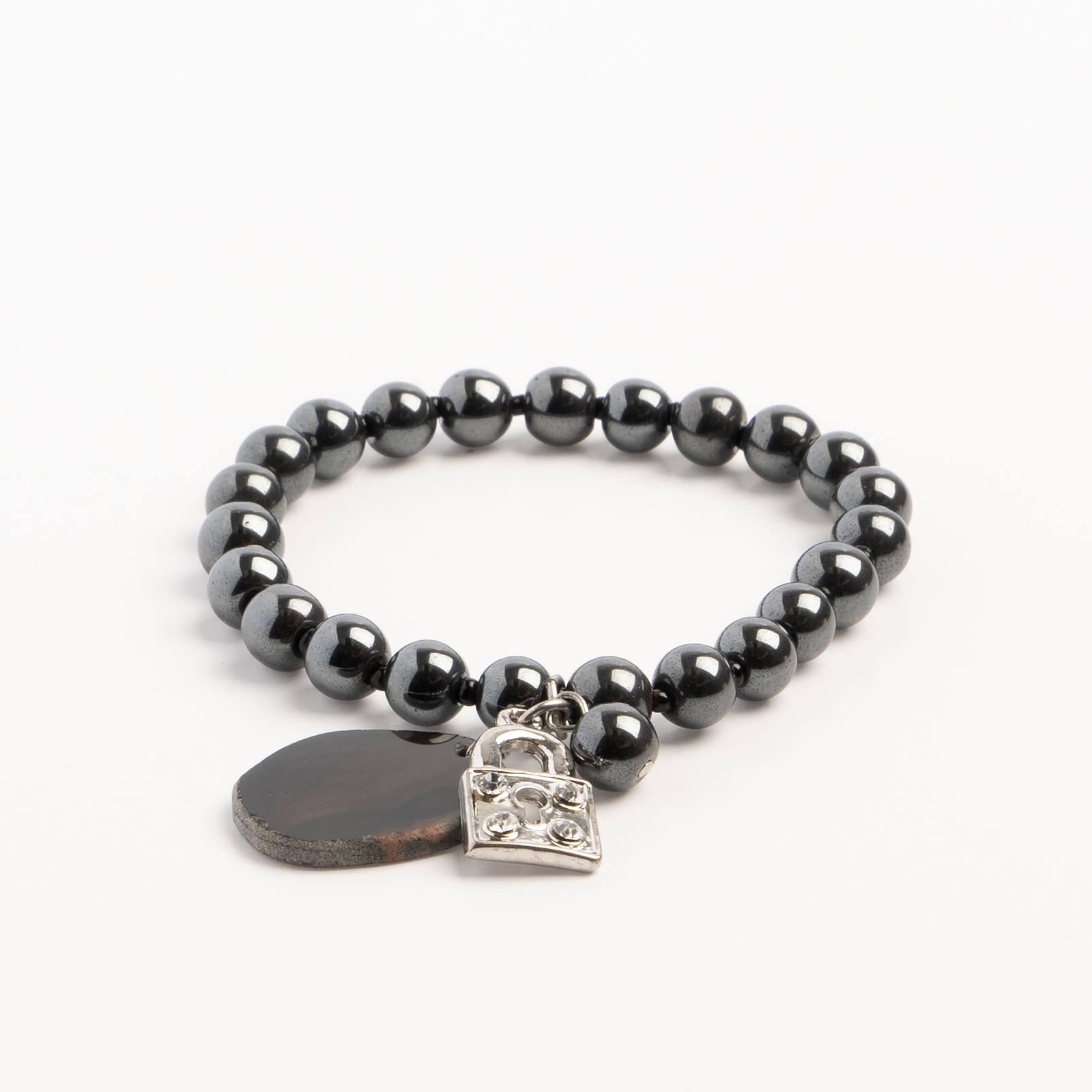 John Bead Hematite Gray Natural Stone Bracelet with Agate &#x26; Lock Charm