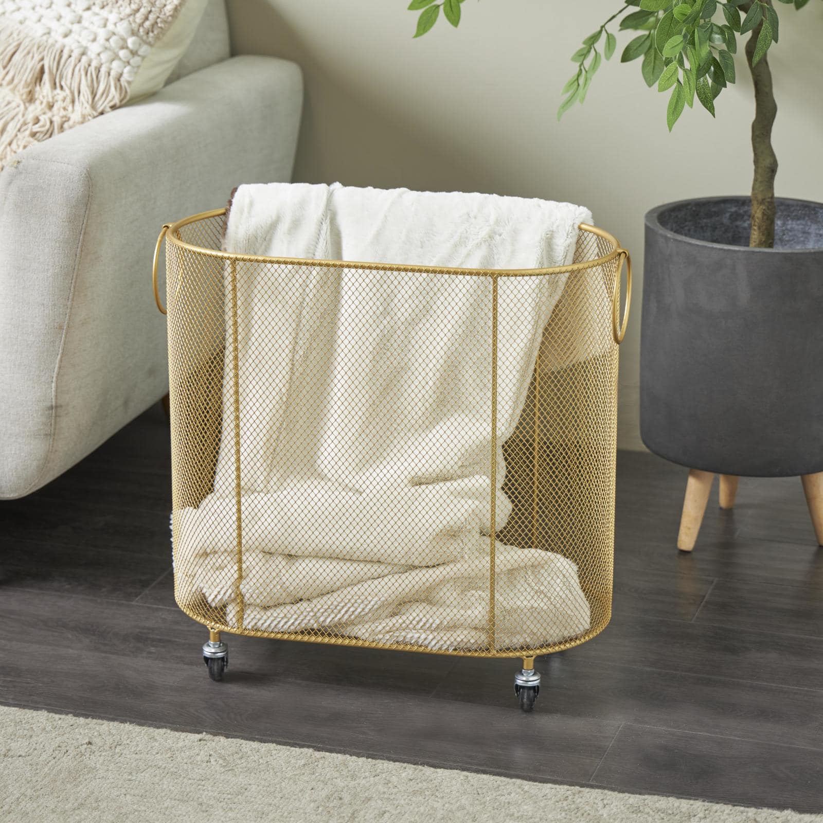 21&#x22; Metal Oval Mesh Wire Rolling Laundry Storage Cart with Ring Handles