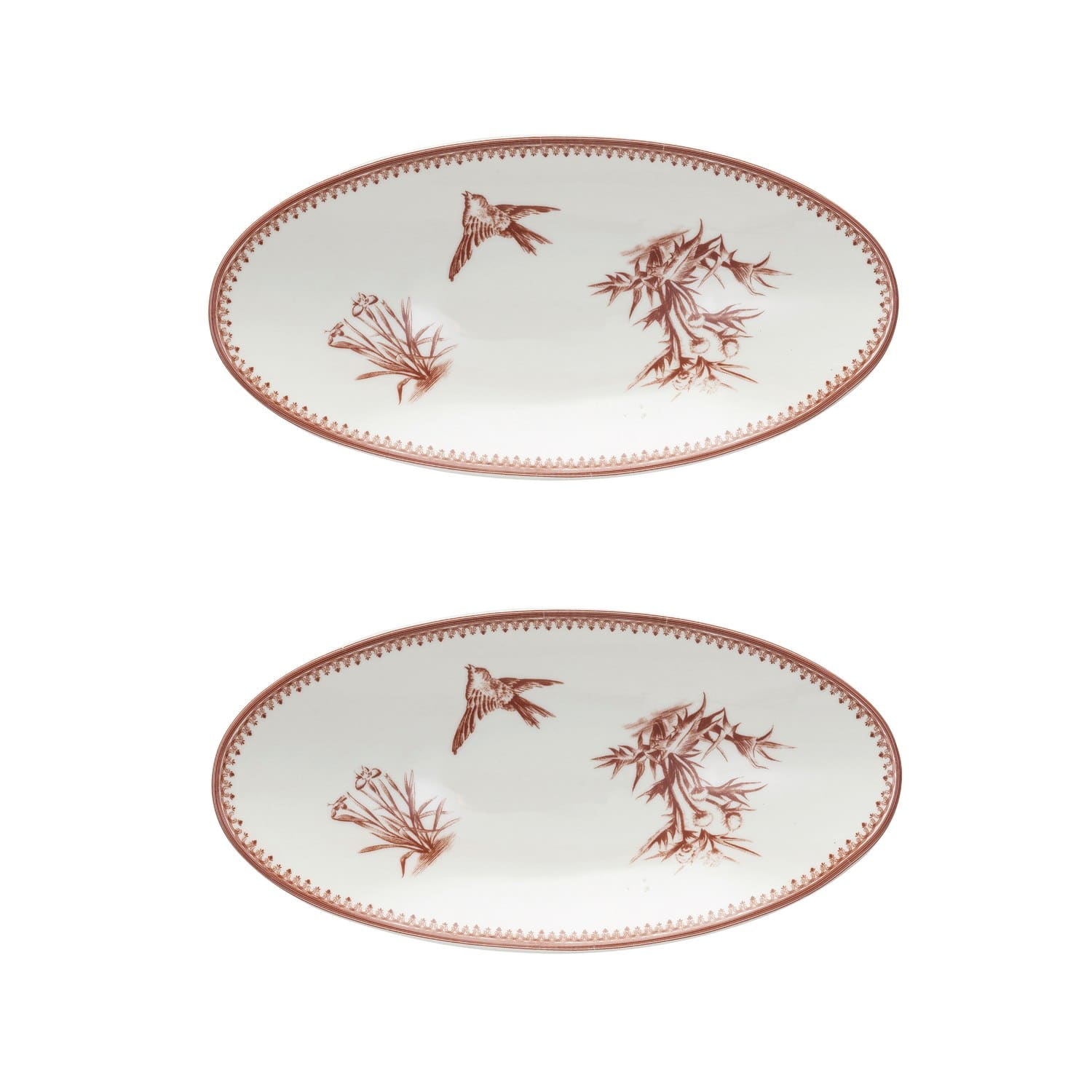 9.75&#x22; Cream &#x26; Brown Vintage Bird &#x26; Botanicals Stoneware Oval Plates, 2ct.