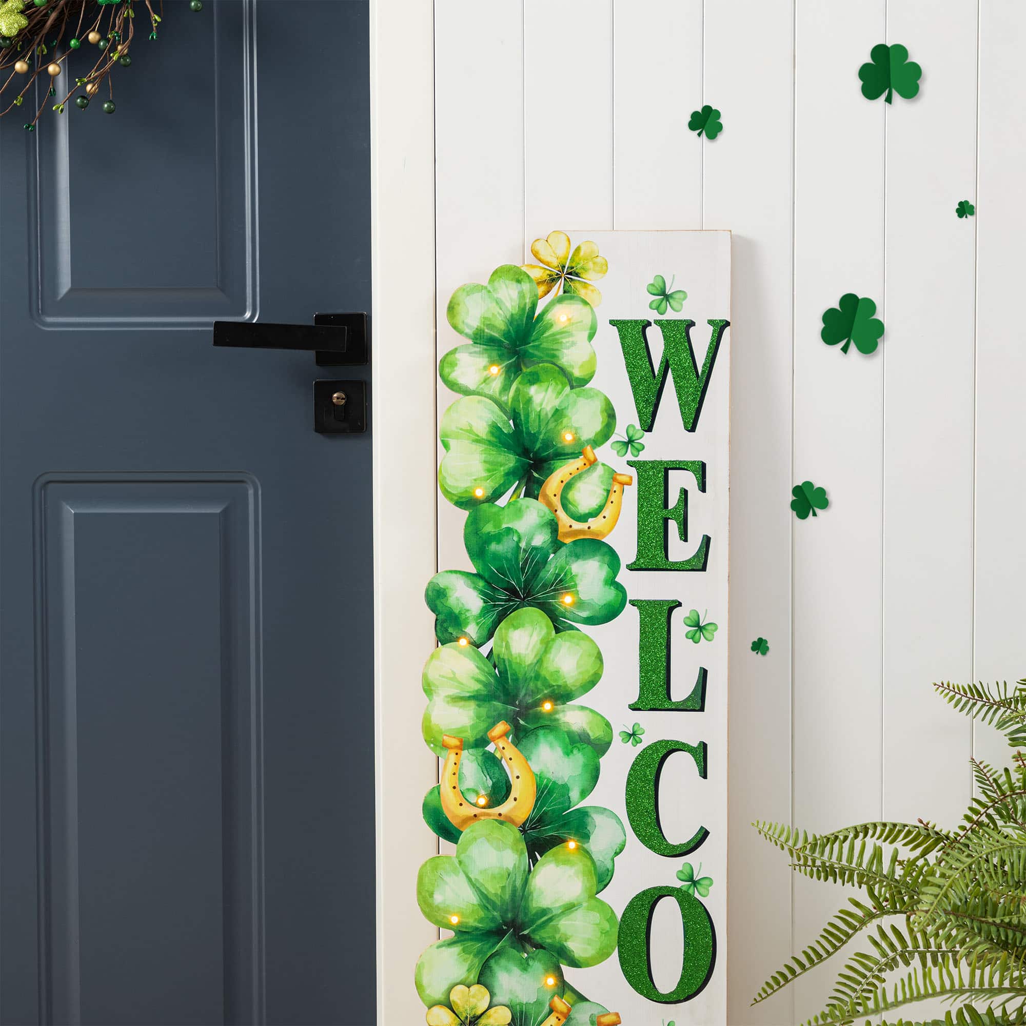 Glitzhome® 42" St. Patrick's Wooden Lighted Stacked Shamrock Porch Decor with Timer