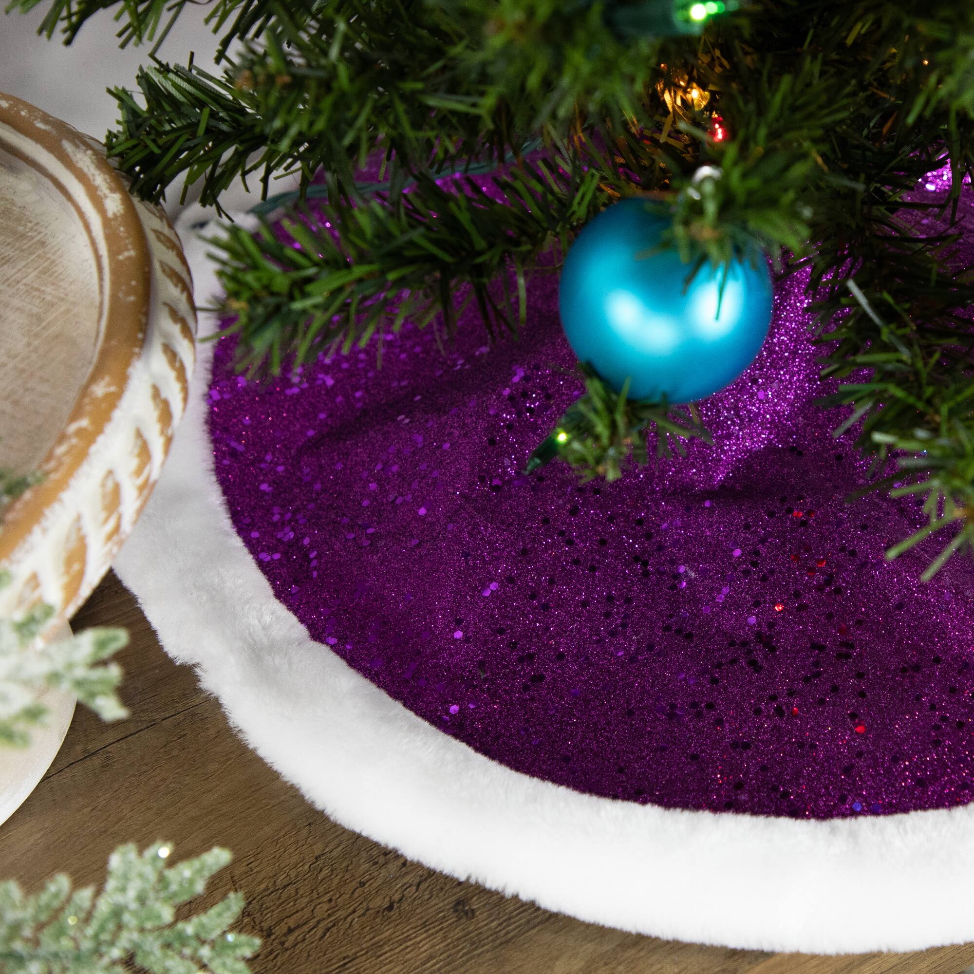 20&#x22; Purple Glittered Mini Christmas Tree Skirt with Faux Fur Trim