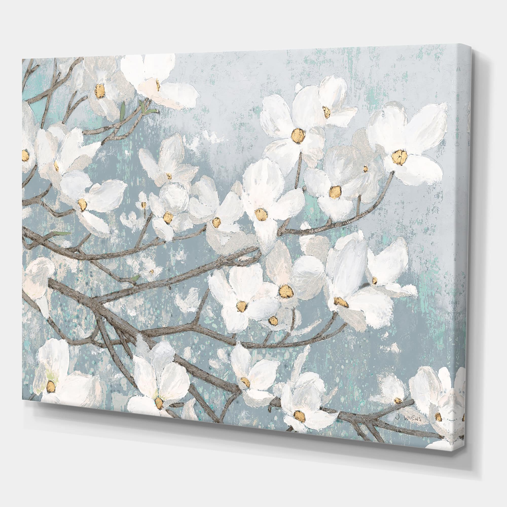 Designart - Blue on Grey Blossoms - Traditional Canvas Artwork