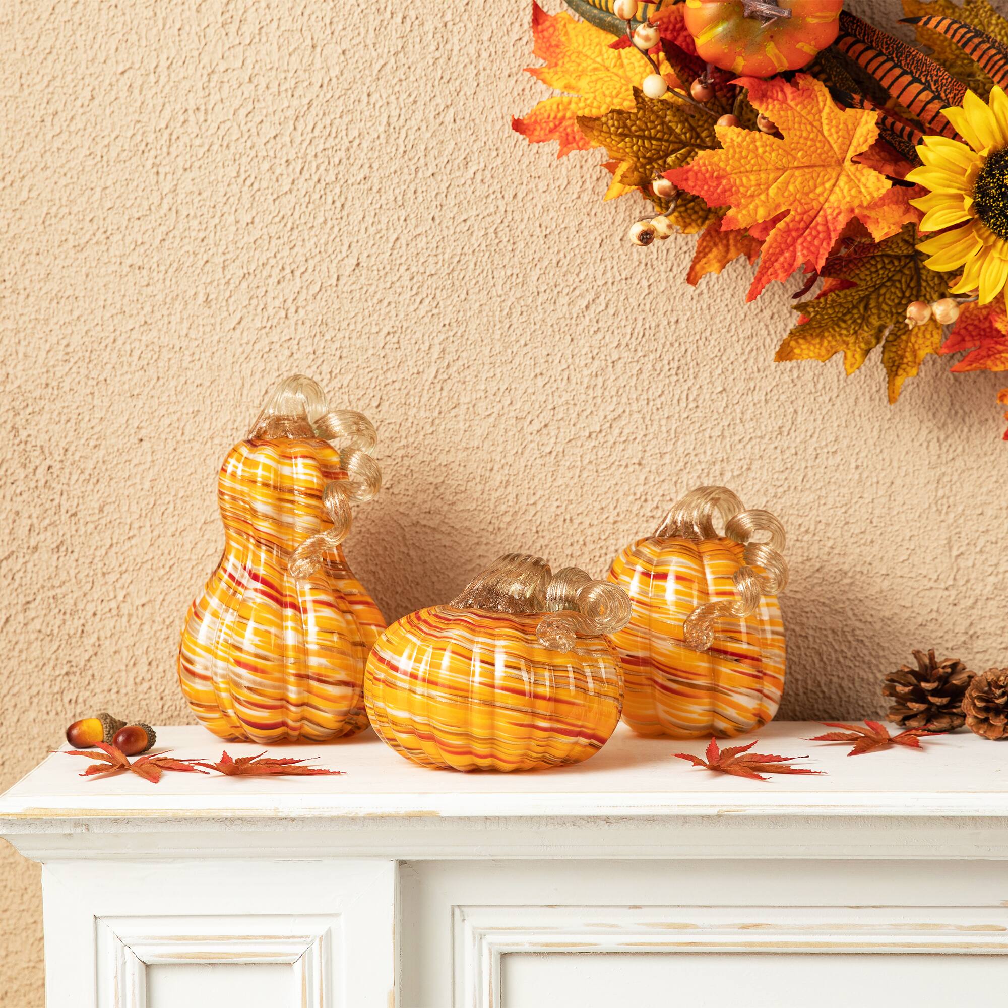 Glitzhome® Multi Stripes Glass Pumpkin & Gourd Set