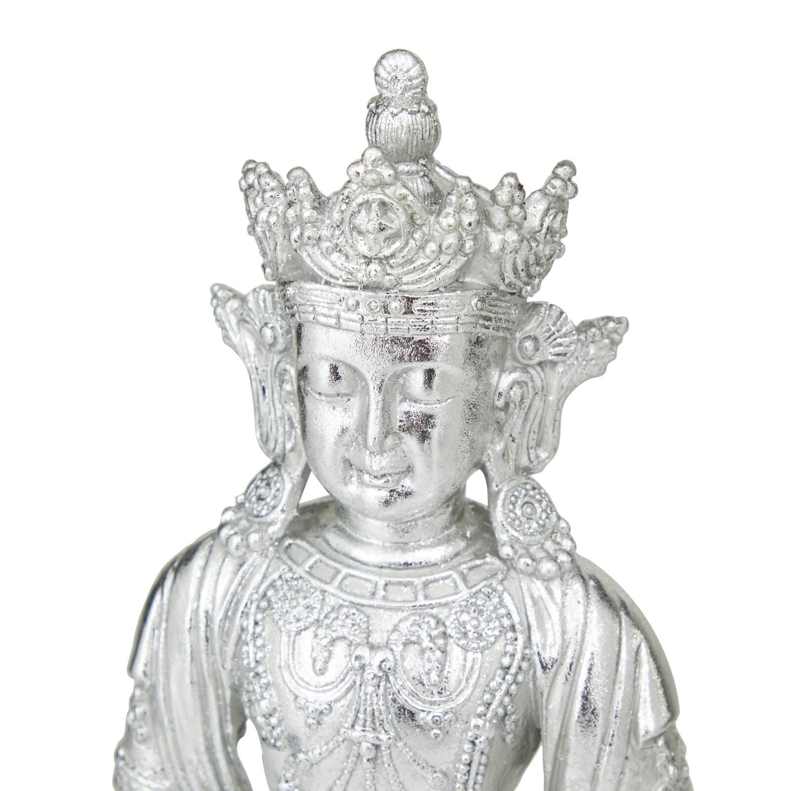 Silver Resin Bohemian Buddha Sculpture, 12" x 8" x 5"