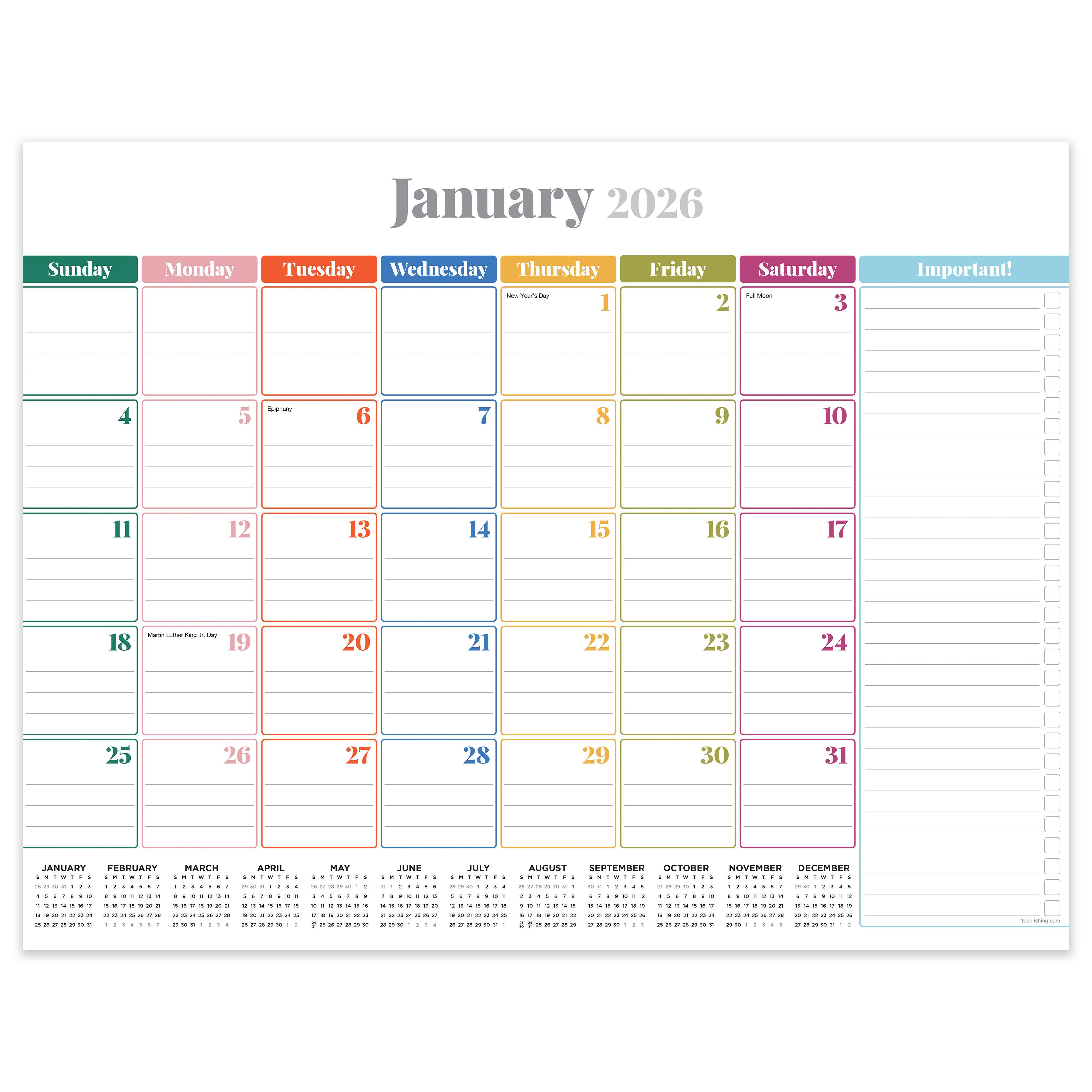 2026 Rainbow Blocks Medium Desk Pad Monthly Blotter Calendar
