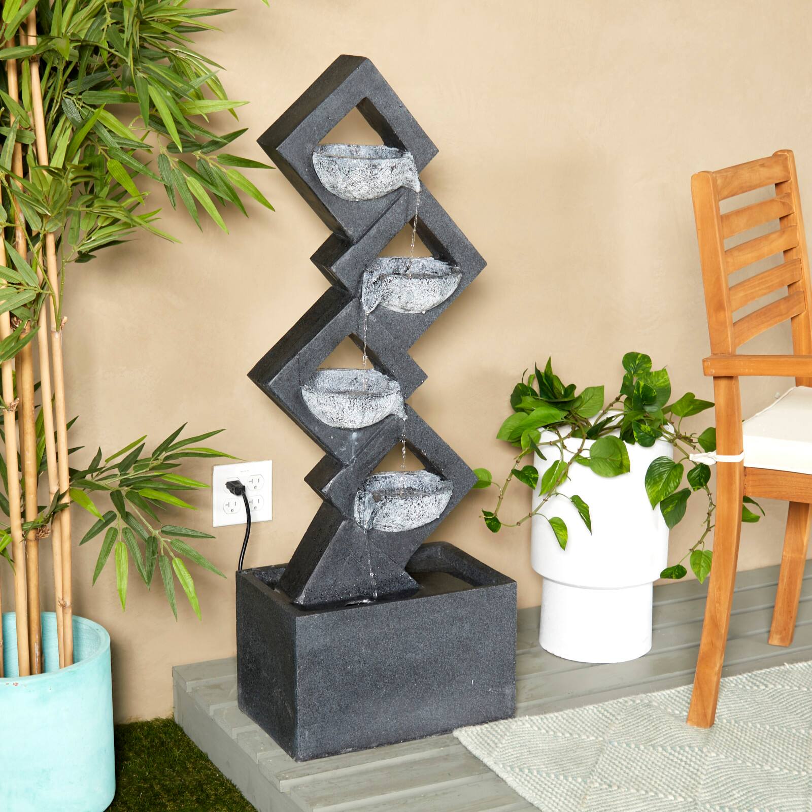 43&#x22; Dark Gray Fiberglass 4-Tier Geometric Fountain with LED Light