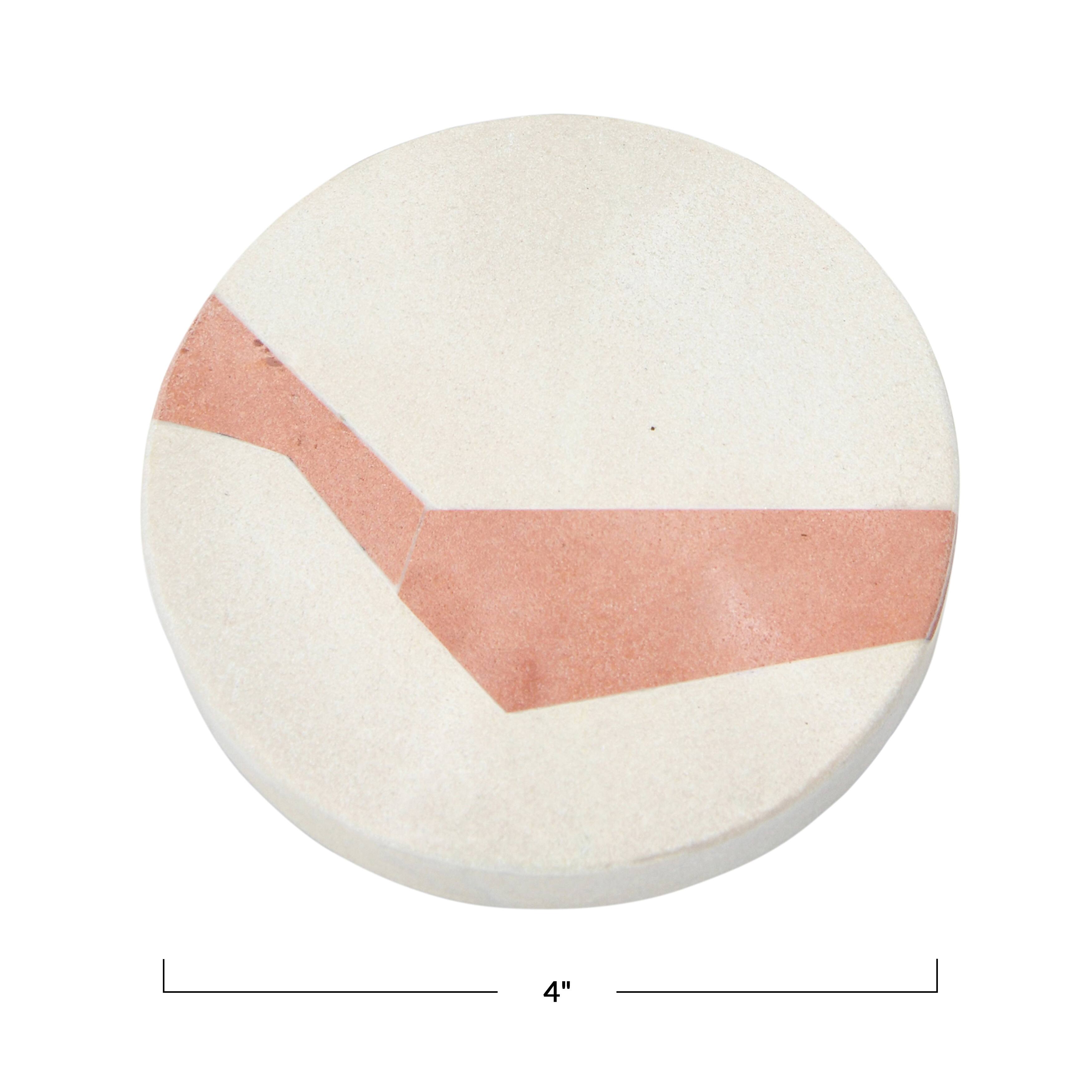 Hello Honey&#xAE; Off-White and Terracotta Round Sandstone Coaster Set with Abstract Design
