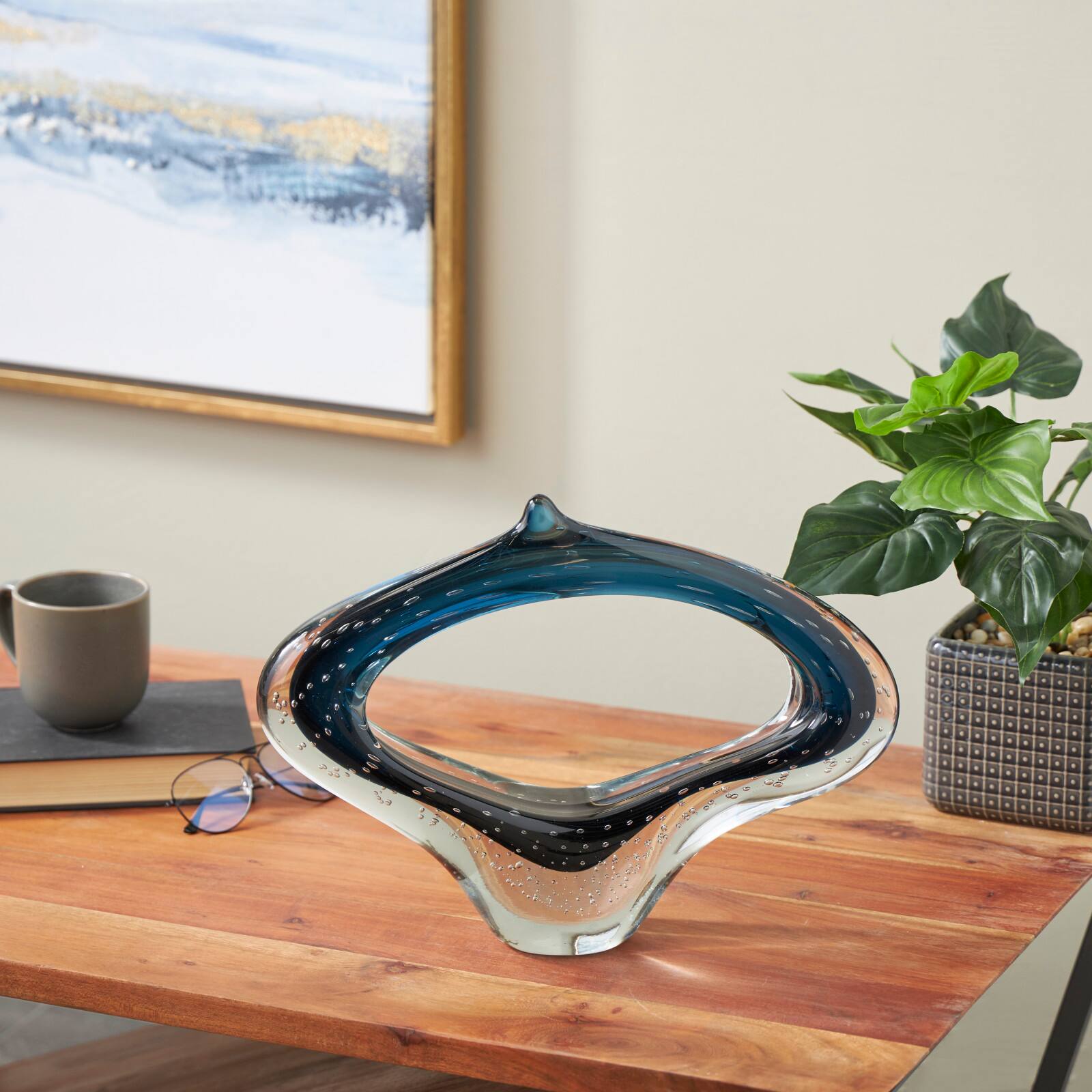 15.5" Wide Dark Blue Abstract Glass Sculpture with Bubble Texture