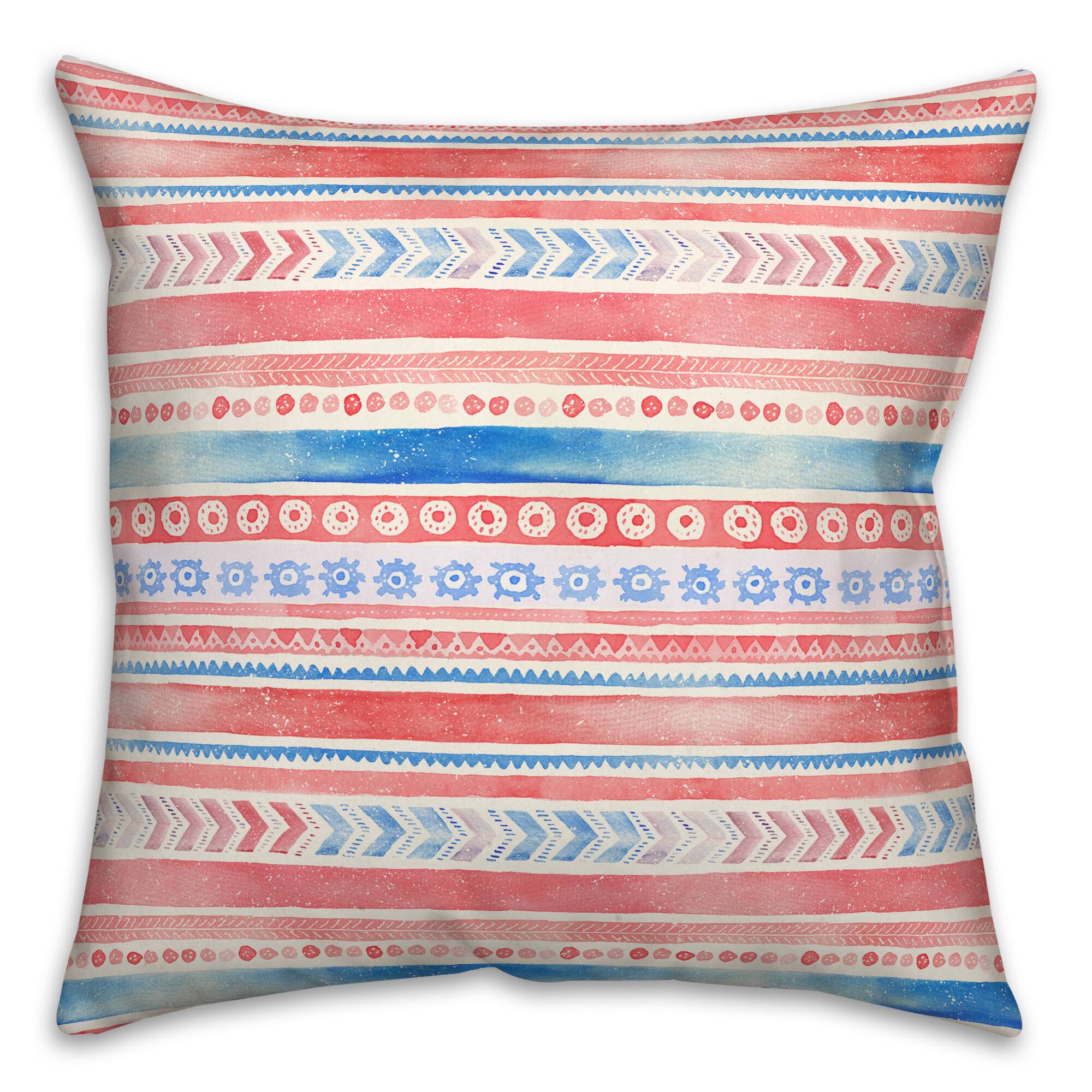 Patriotic Watercolor Folksy Pattern Indoor/Outdoor Pillow