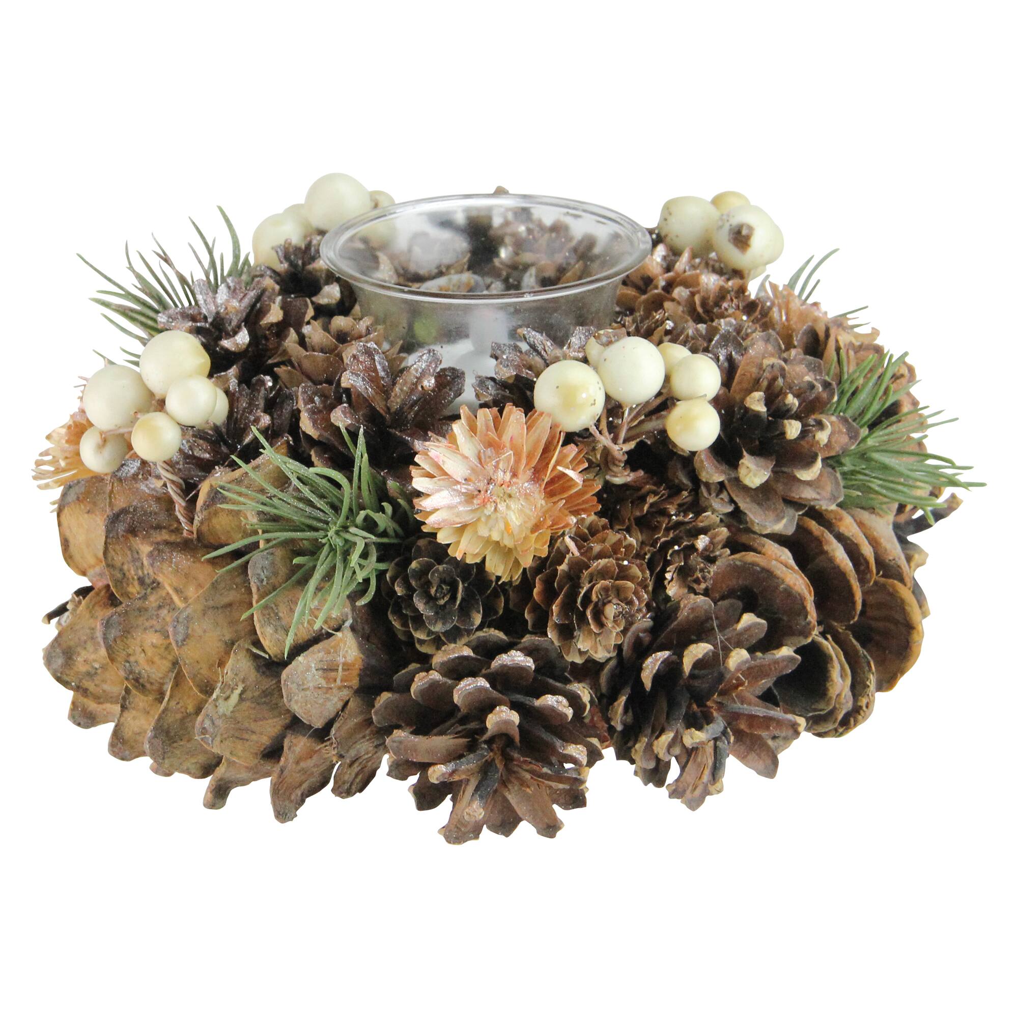 7.25&#x22; Autumn Artificial Foliage Pine Cone Votive Candle Holder