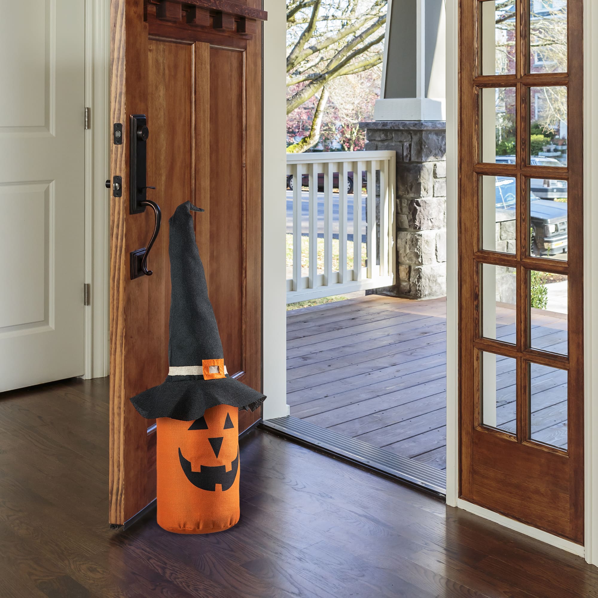 Glitzhome&#xAE; 24&#x22; Linen Halloween Jack-O&#x27;-Lantern Doorstop Porch D&#xE9;cor