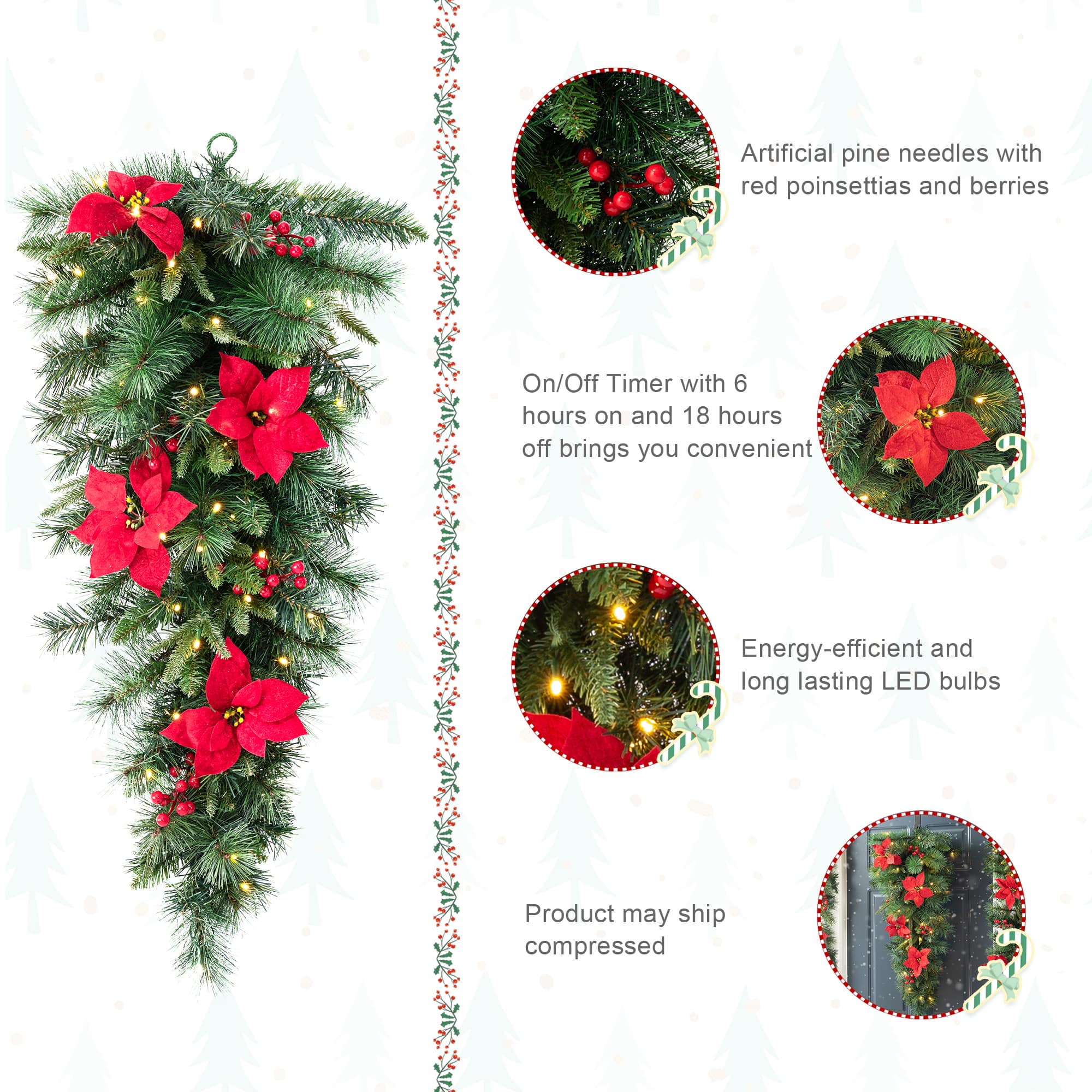 Glitzhome&#xAE; 3ft. Pre-Lit Pine, Poinsettia &#x26; Berries Christmas Teardrop Swag