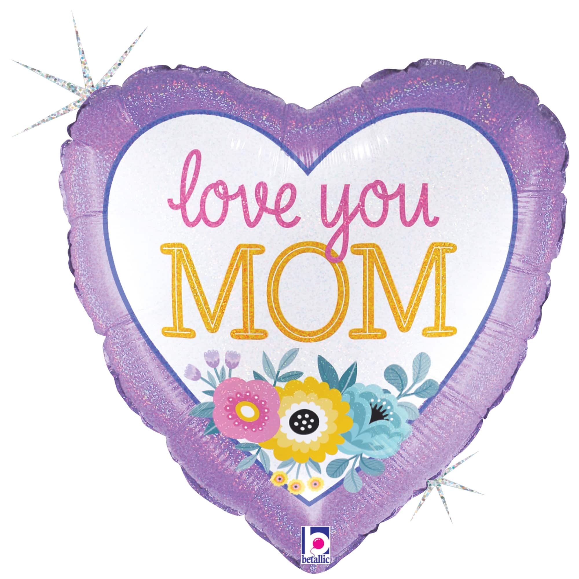 Ballon métallisé holographique avec fleurs « Love You Mom » de 45,7 cm