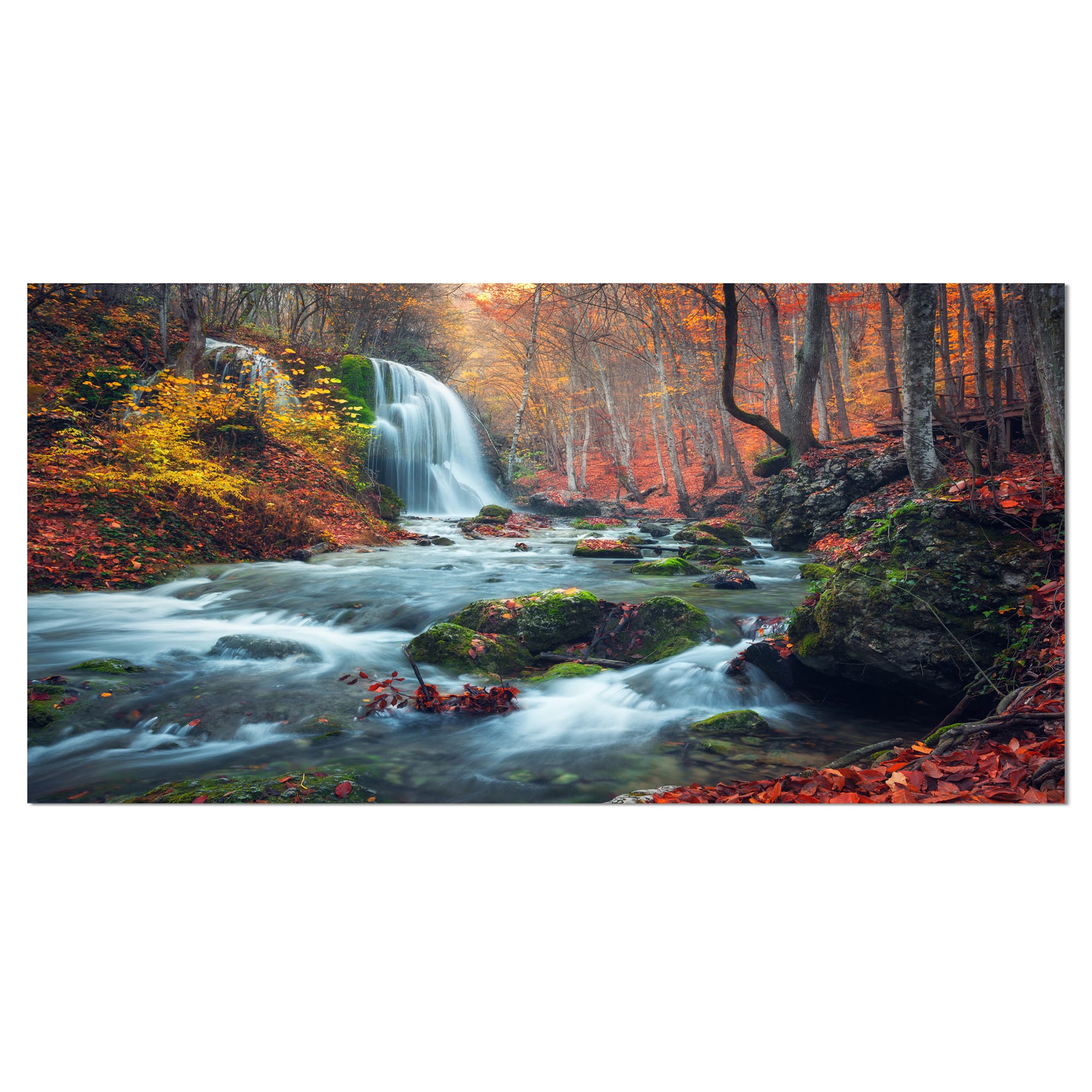 Designart - Autumn Mountain Waterfall Long View - Landscape Photography Canvas Print