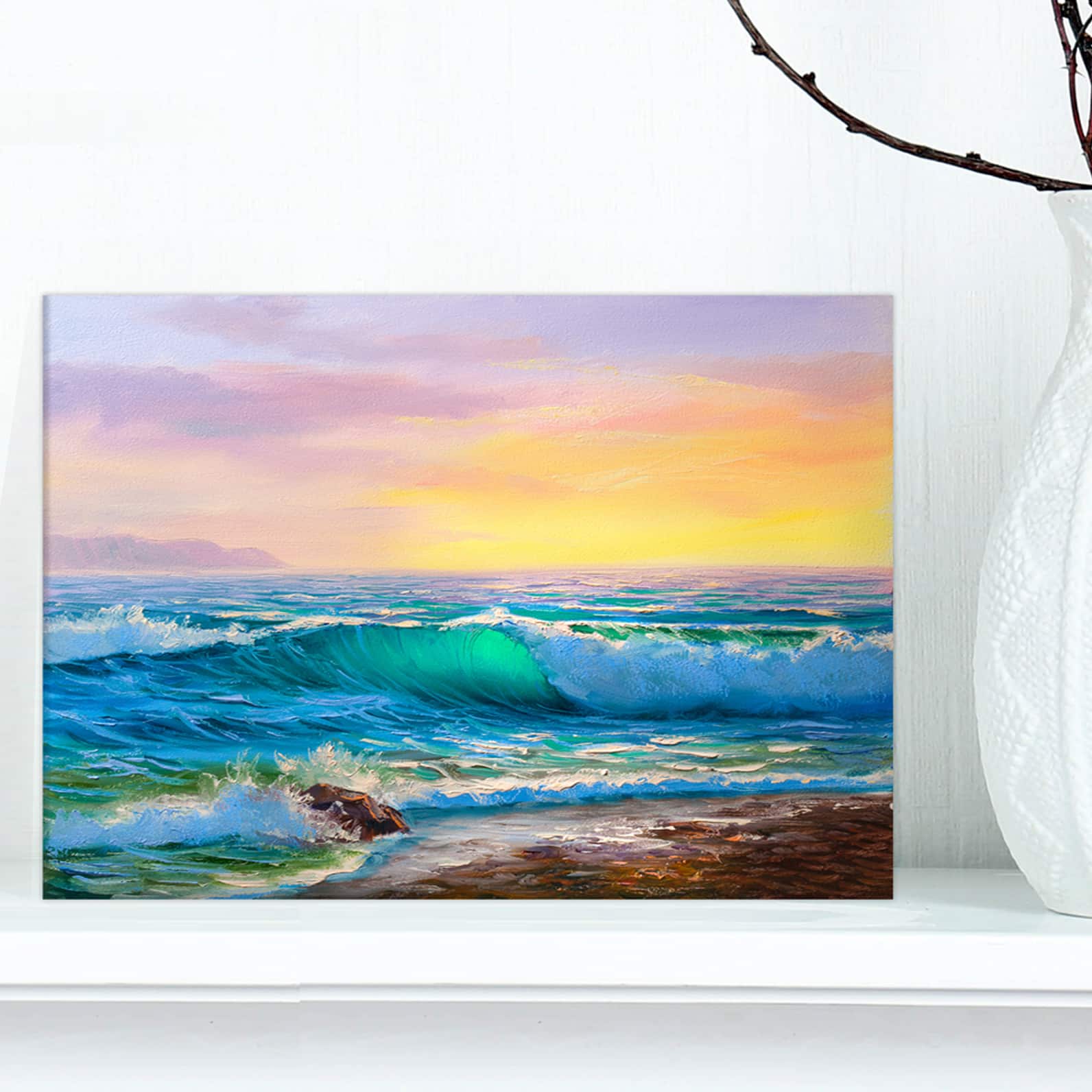 Designart - Sunsets over ocean waves - Sea &#x26; Shore Painting Print on Wrapped Canvas