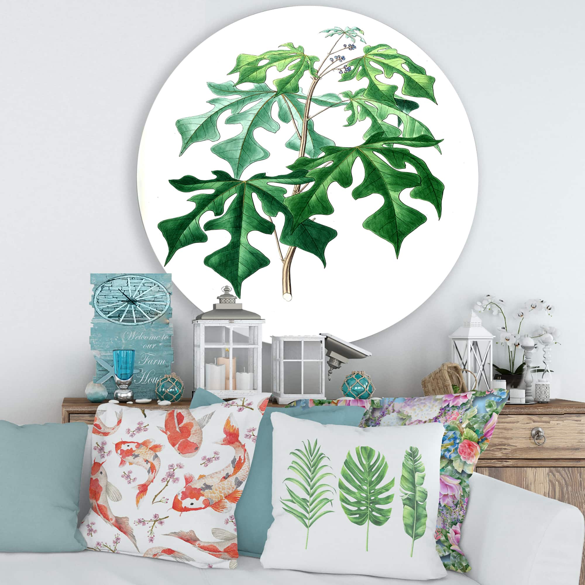 Designart - Vintage Green Leaves Plants II - Traditional Metal Circle Wall Art
