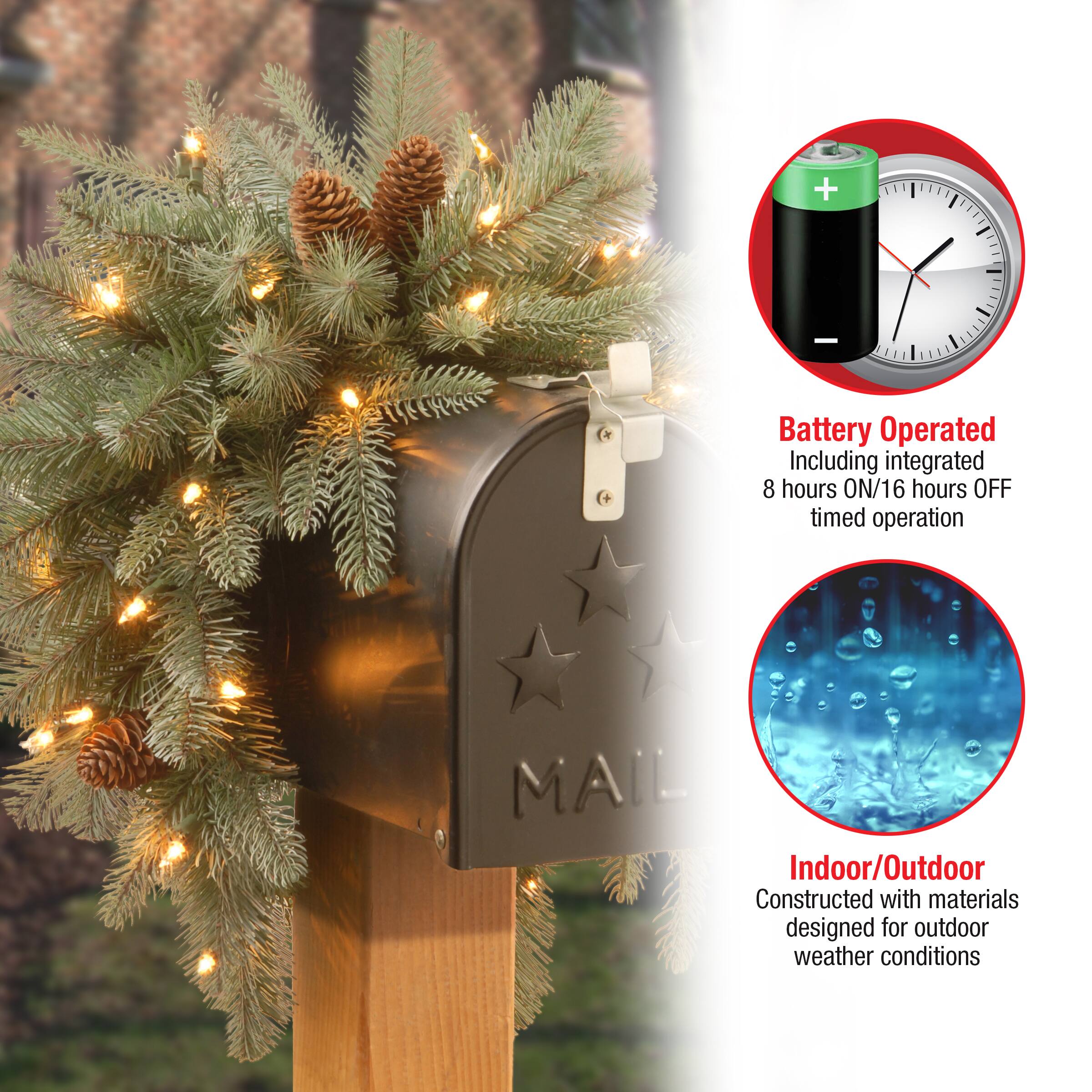 3ft. Feel Real&#xAE; Frosted Arctic Spruce with Pinecone Mailbox Swag, Warm White LED Lights
