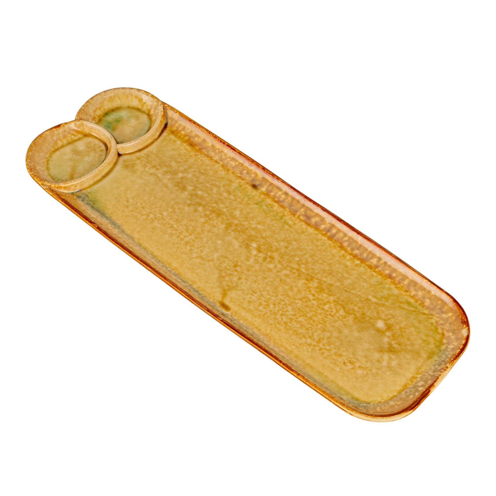 Hello Honey Stoneware Platter with 3 Sections, Reactive and Crackle Glaze, Caramel Color