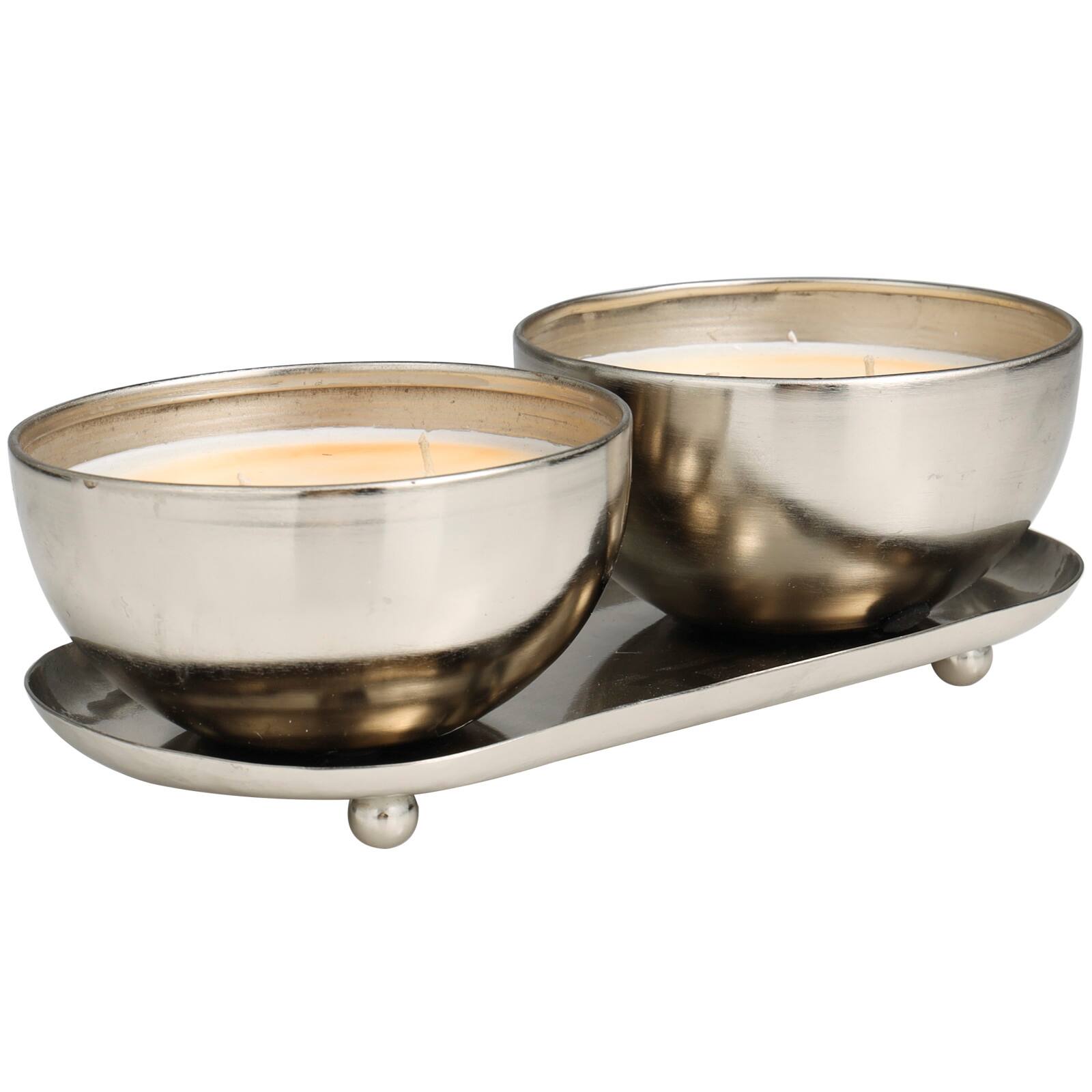 Jasmine Scented 2-Wick Candles in Silver Bowls Set