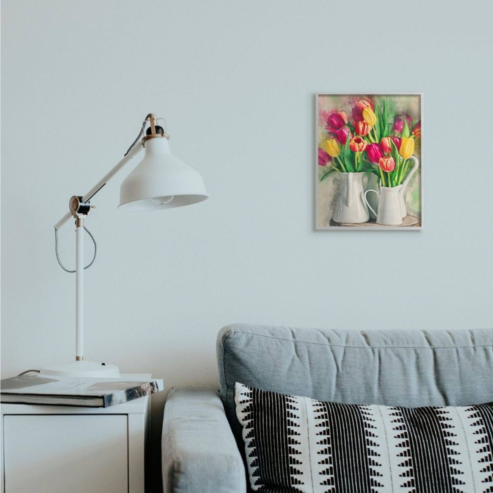 Stupell Industries Colorful Tulip Assortments in Farm Pitchers with Gray Frame Wall Accent