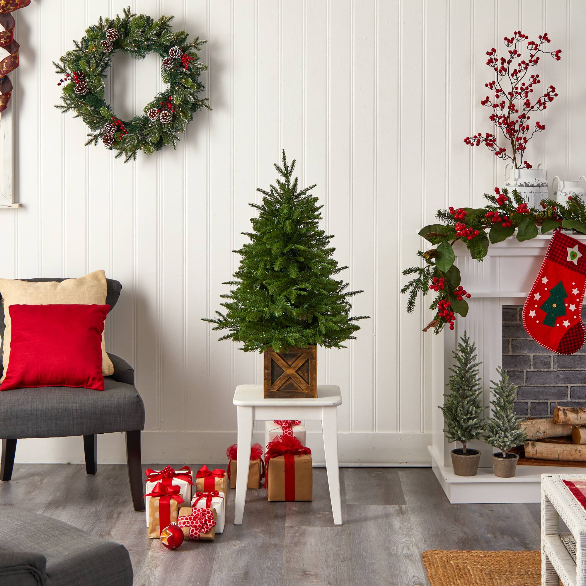 3ft. Pre-Lit Finland Fir Artificial Christmas Tree in Decorative Planter, Warm White Lights