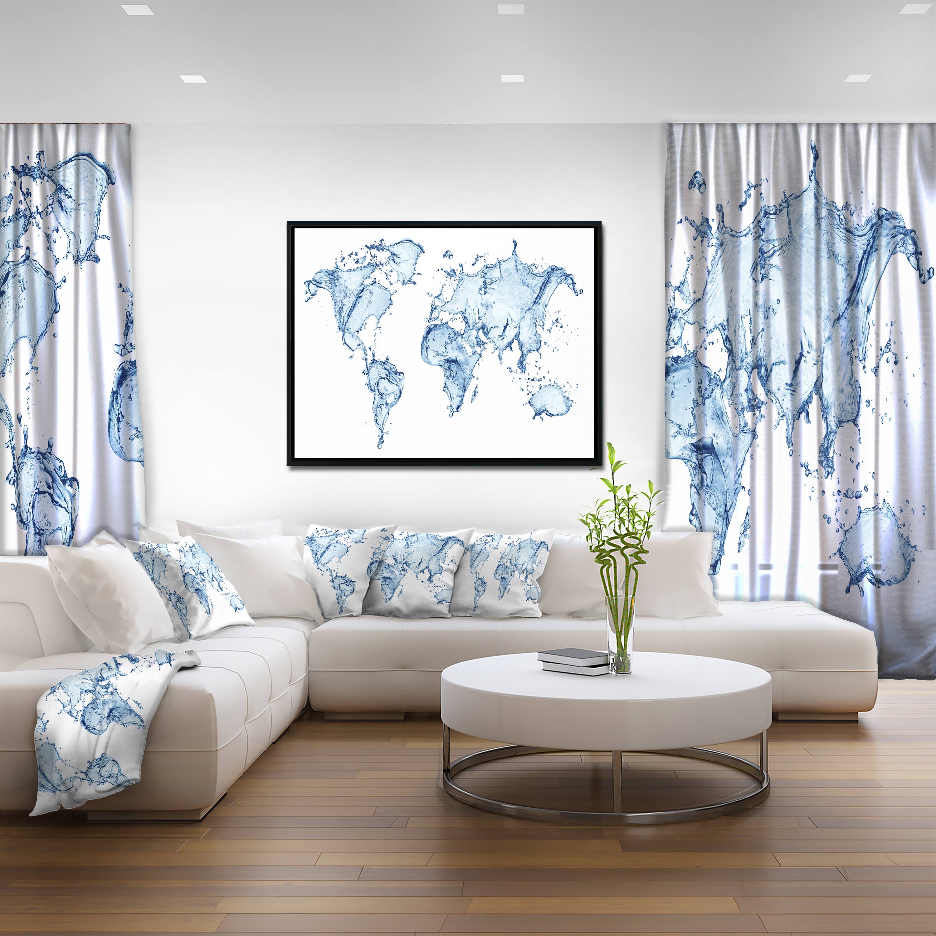 Designart - World Map Water Splash - Abstract Map Framed Canvas Art Print