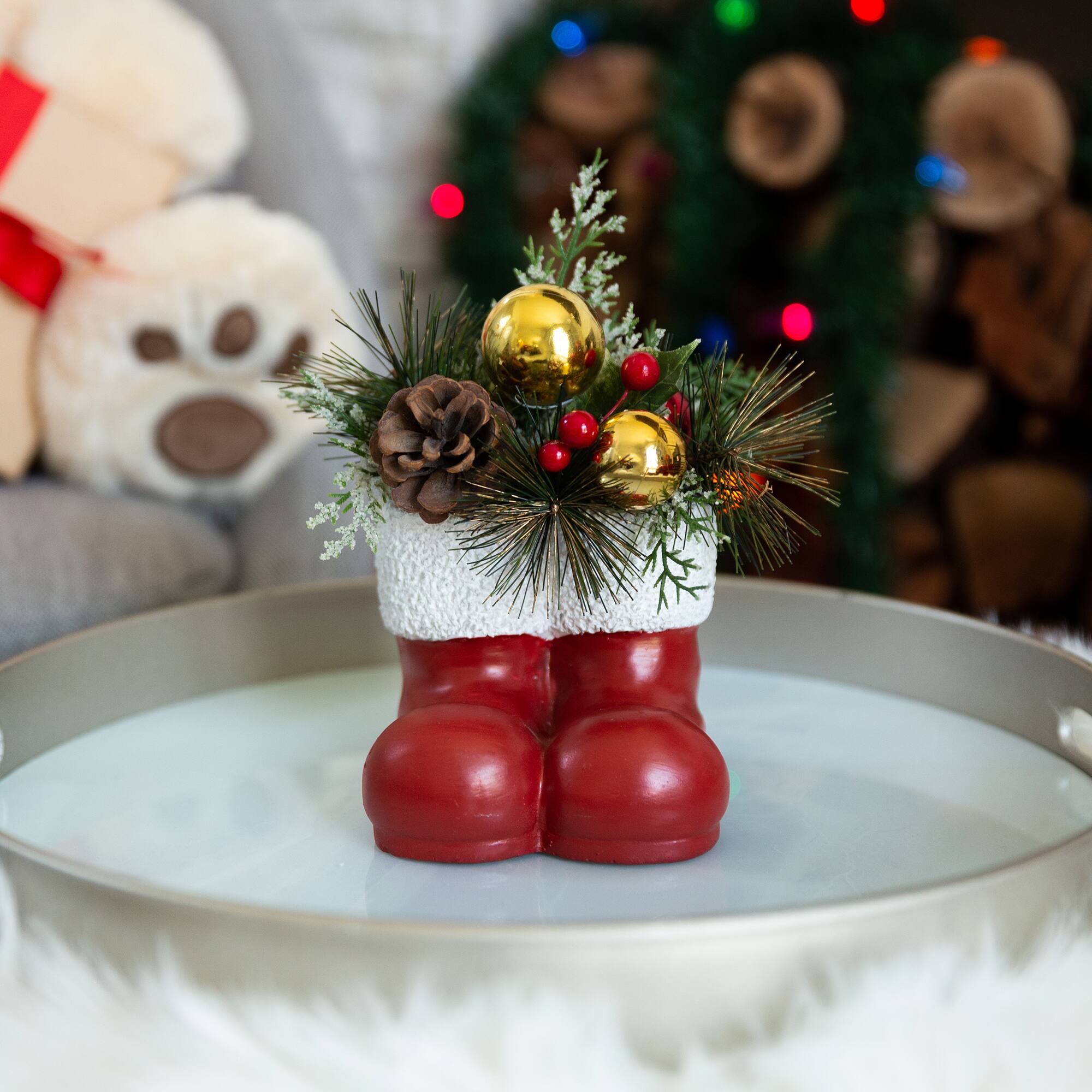 6" Christmas Arrangement In Cement Santa Boots