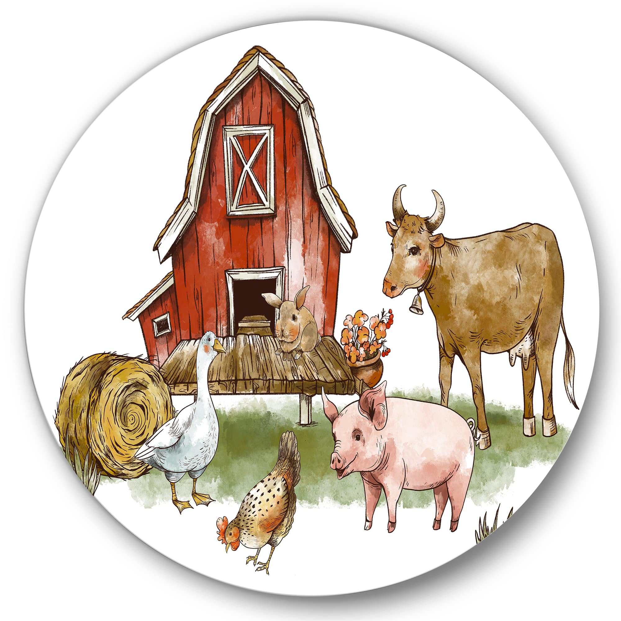 Designart - Farm House With Goose Chicken Cow Pig and Haystack - Rustic Metal Circle Wall Art