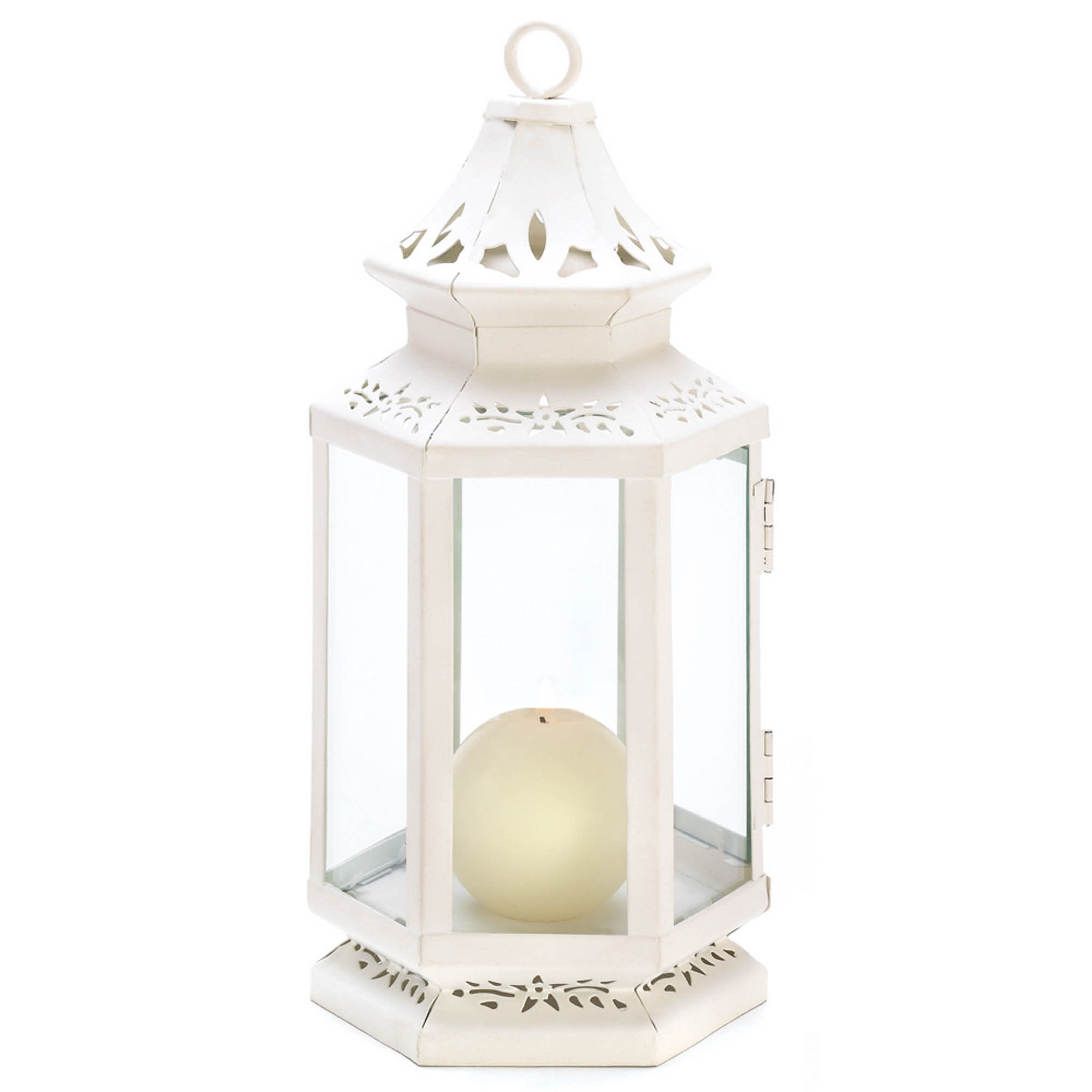 10.5" White Metal Victorian Lantern with Floral Cutouts