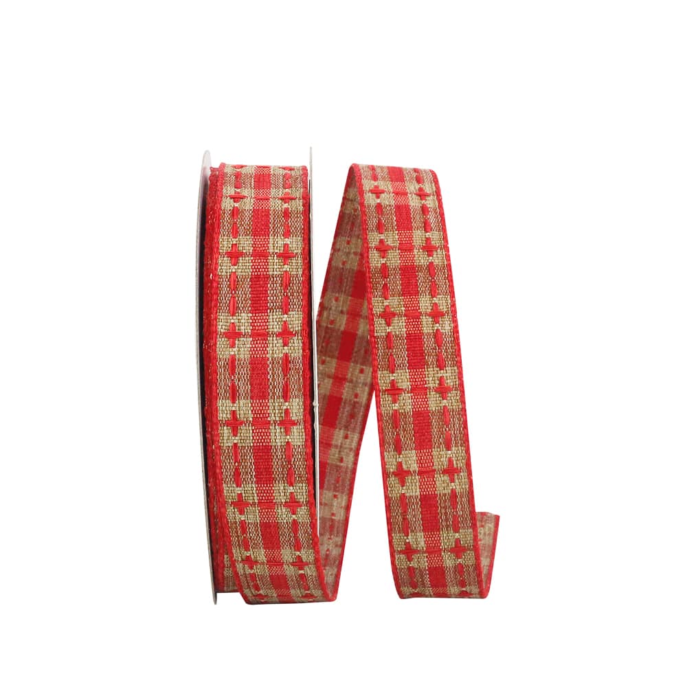 JAM Paper 7/8" x 20yd. Natural Linen Wired Plaid Saddle Stitch Ribbon