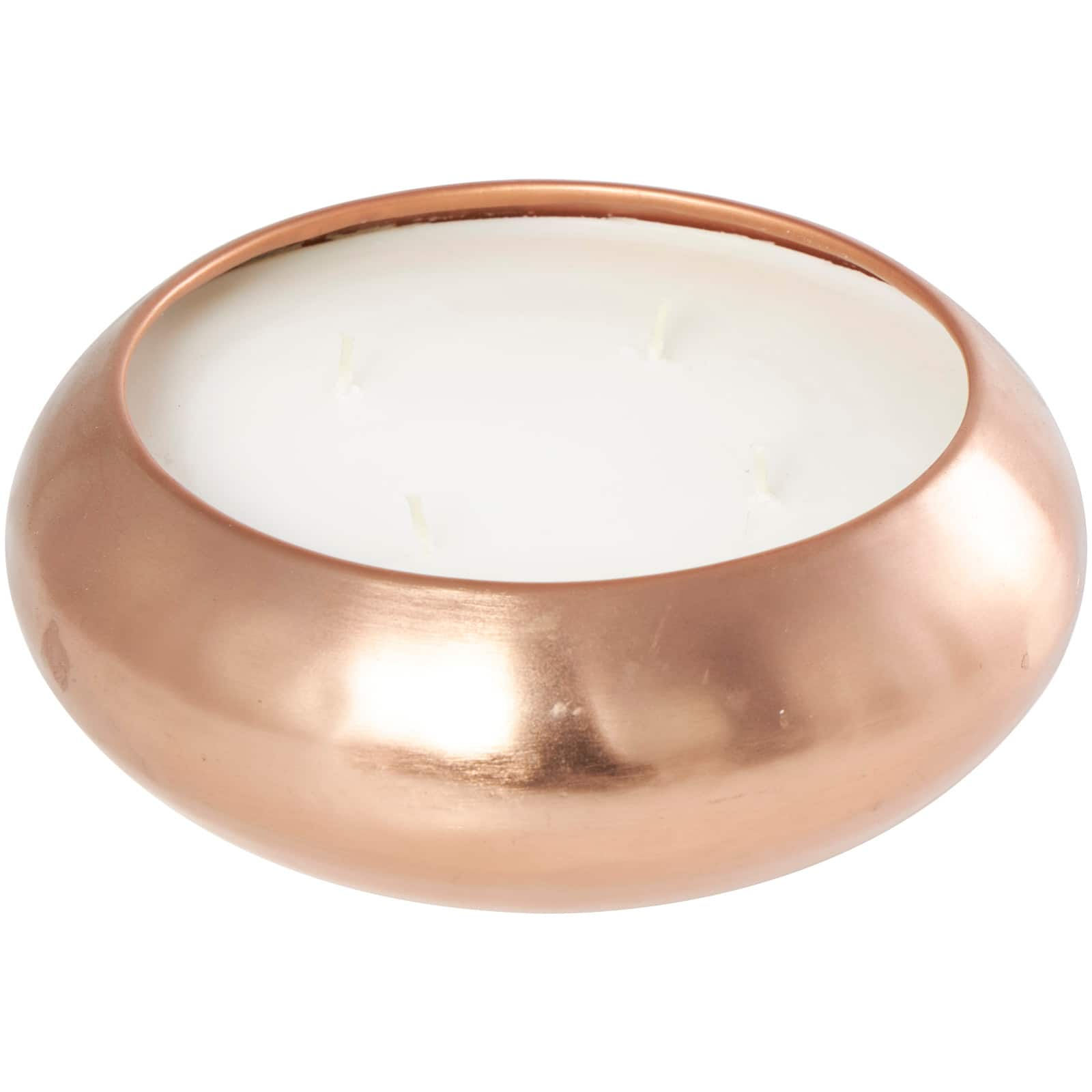 9&#x22; White 4-Wick Wax Tropical Breeze Scented Wide Dome Shaped Candle with Copper Container Bowl