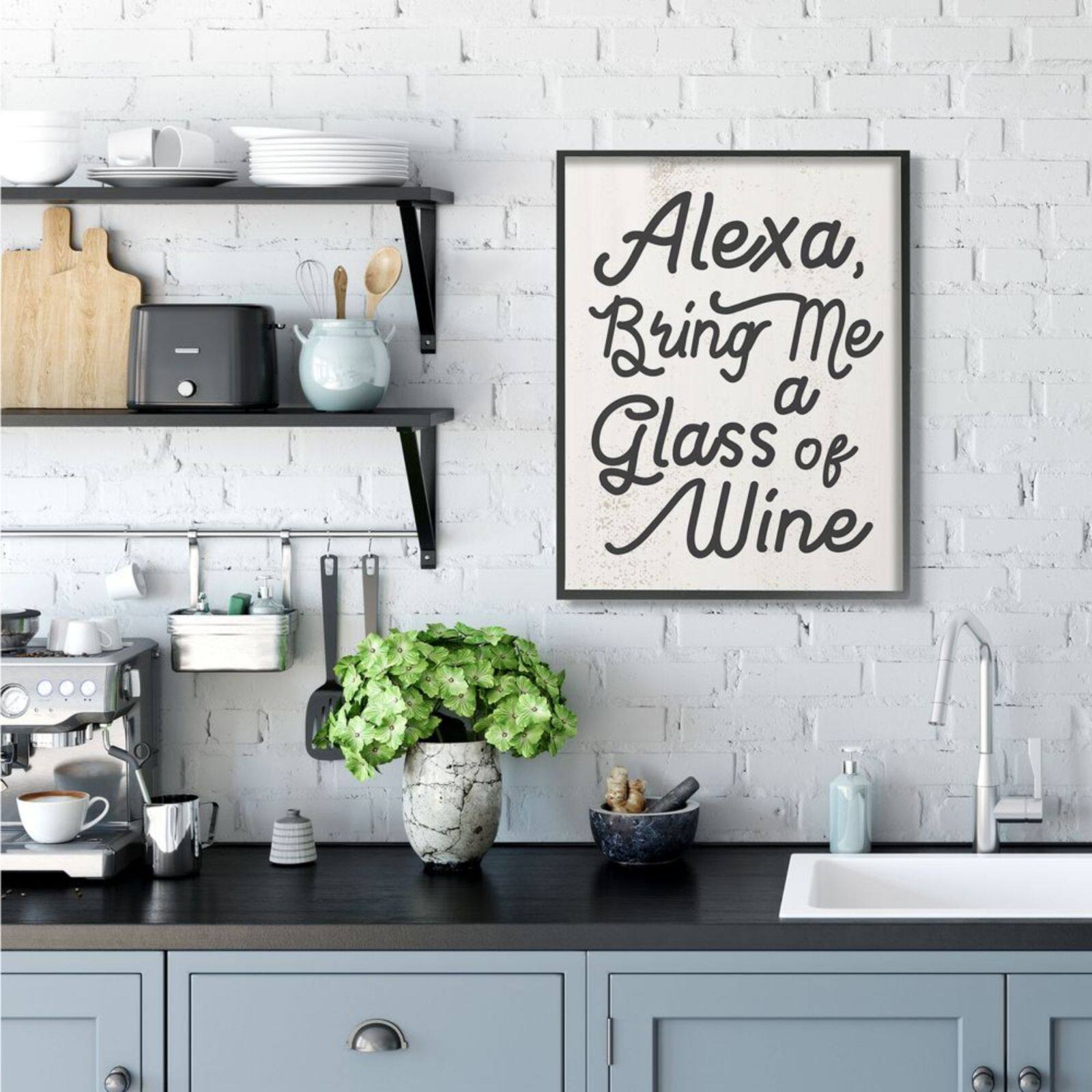 Stupell Industries Alexa Bring Me Wine Distressed Kitchen Sign with Black Frame