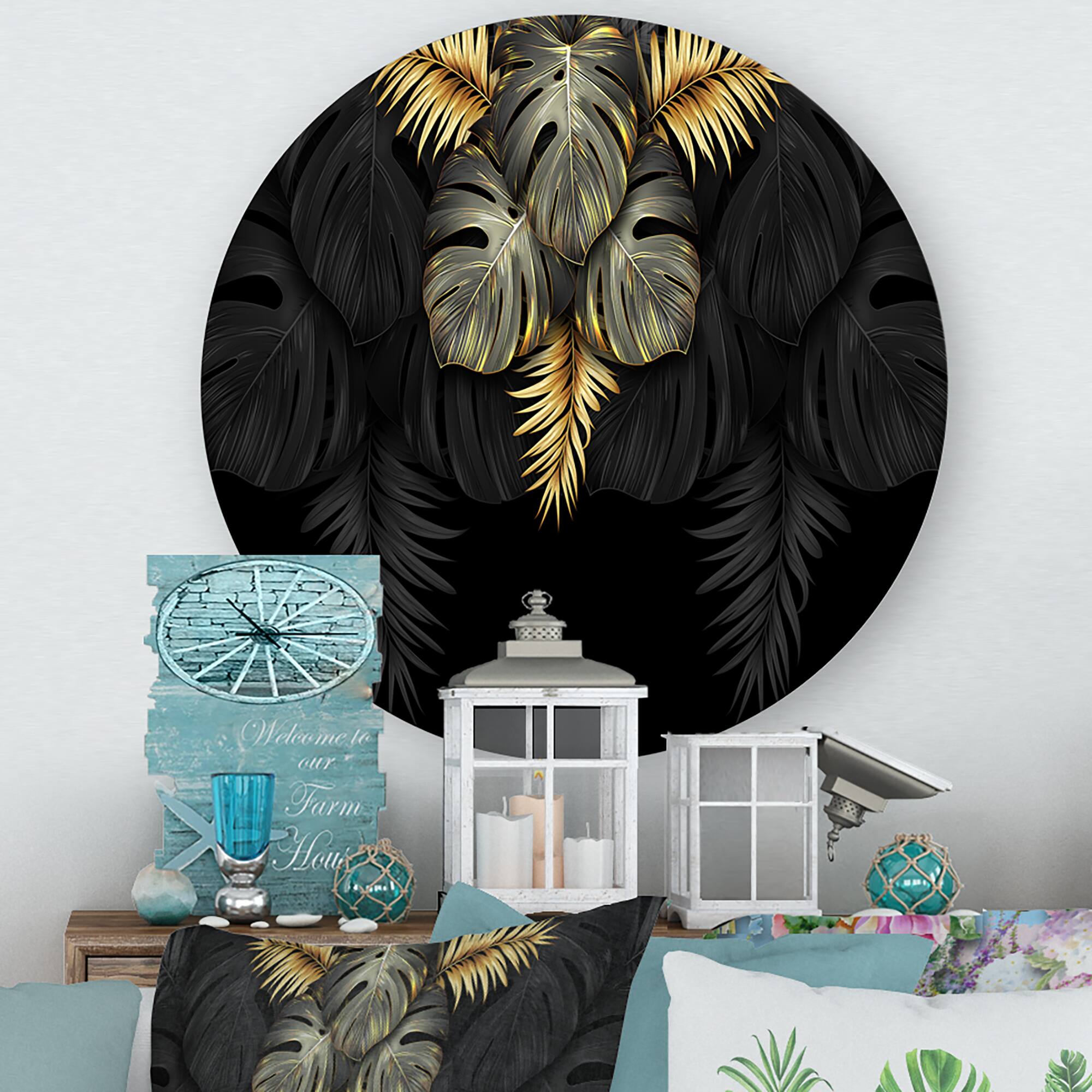 Designart - Black and Gold Tropical Leaves IV - Modern Metal Circle Wall Art