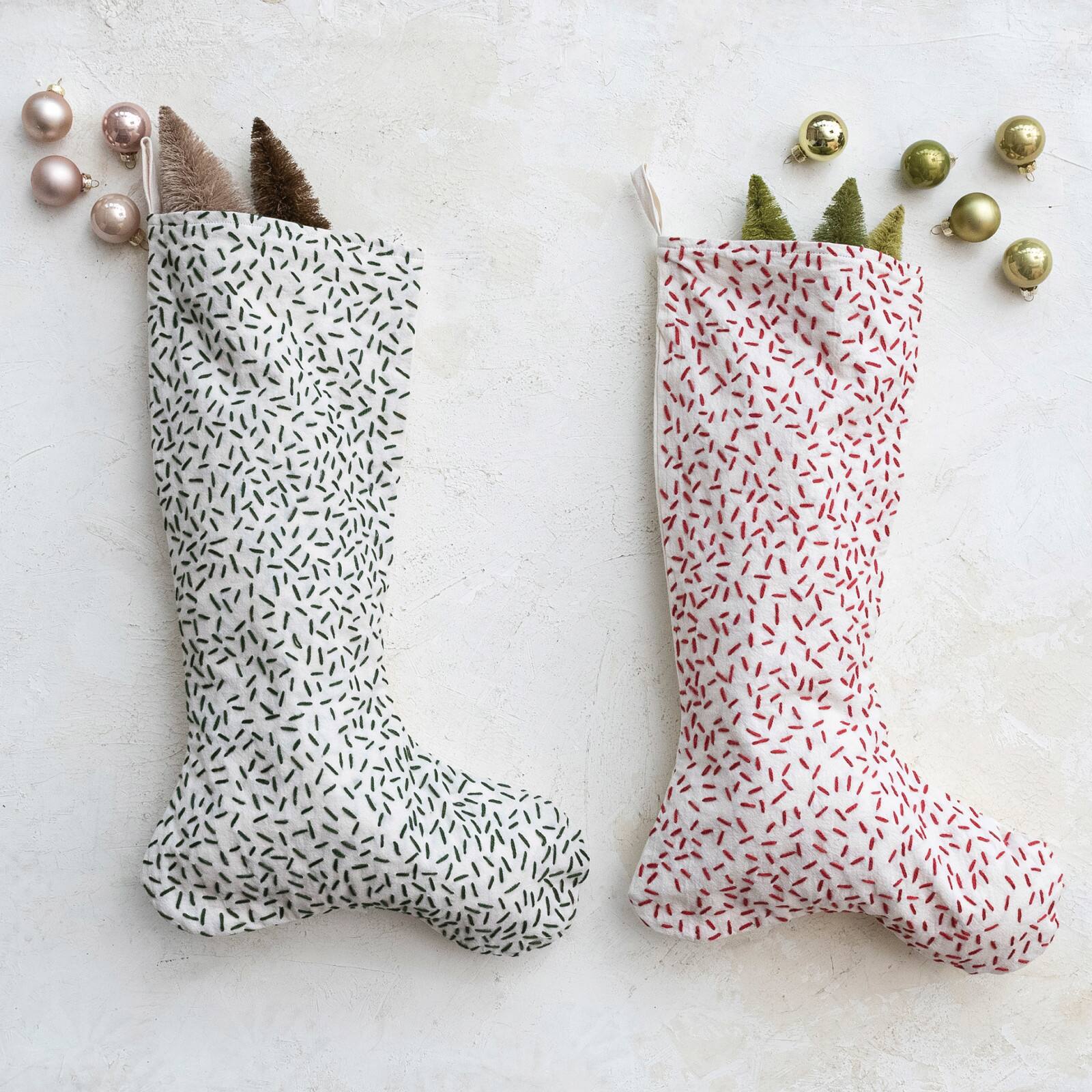 Hello Honey&#xAE; 20&#x22; Green &#x26; Red Cotton Kantha Stitch Stocking D&#xE9;cor, 2ct.