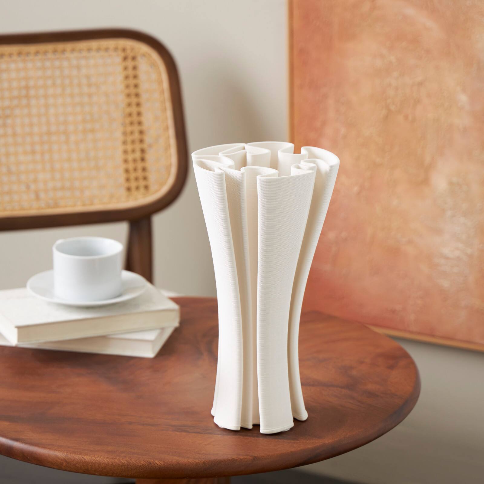 White Ceramic Abstract Ribbed Dimensional Folded Vase with Curvy Rim