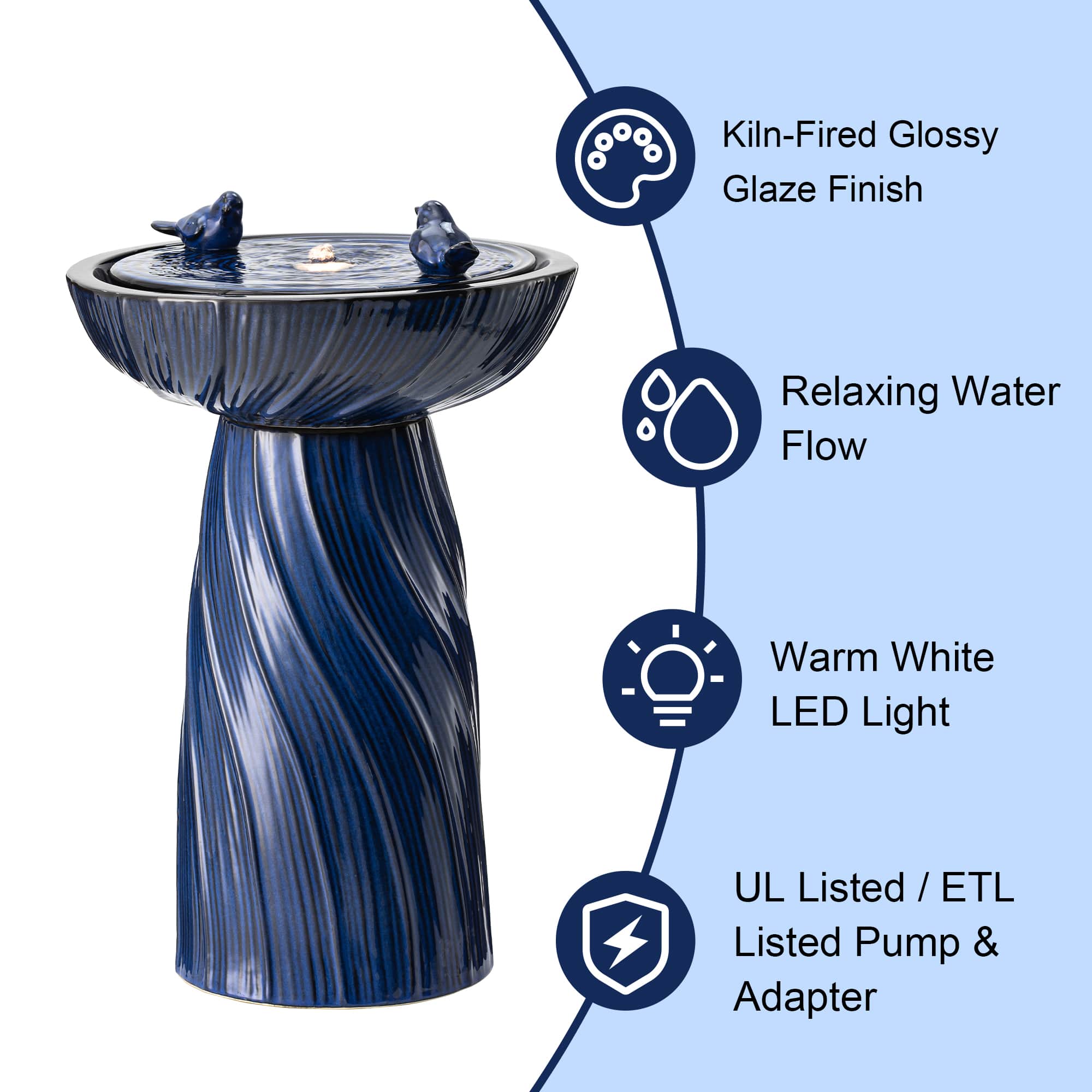 Glitzhome&#xAE; 24.75&#x22; LED Cobalt Blue Twist Ceramic Birdbath Outdoor Floor Fountain