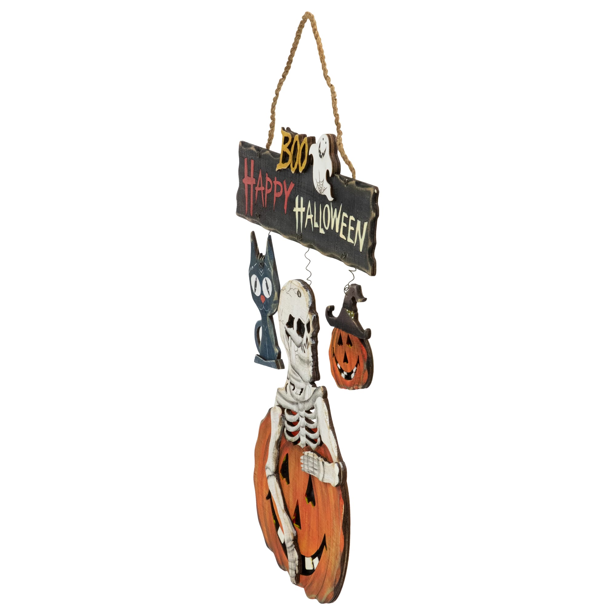 15&#x22; Skeleton with Jack-O-Lanterns &#x26; Black Cat Happy Halloween Hanging Sign