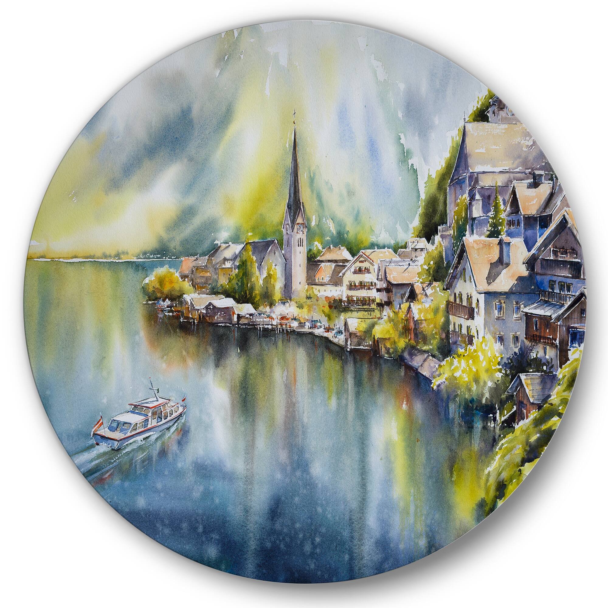 Designart - Mountain Village By The River In Austria - Nautical & Coastal Metal Circle Wall Art