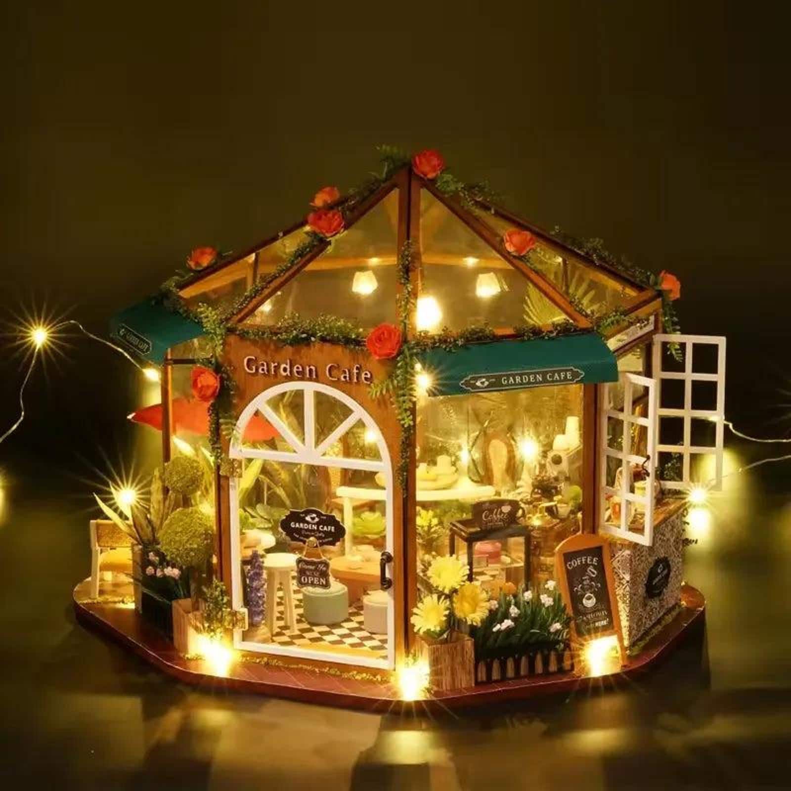 Wizardi Miniature Roombox: Wooden Coffee Shop Dollhouse Kit