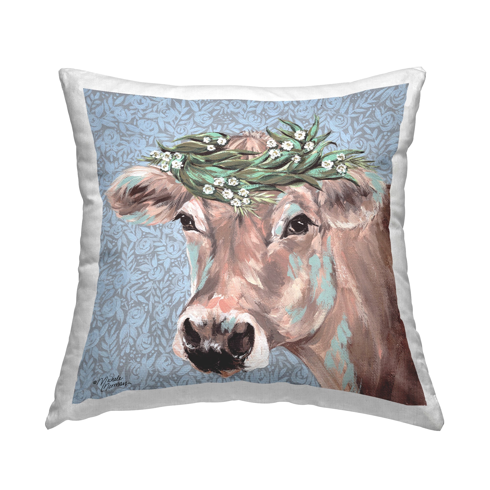 Stupell Industries Charming Rural Cow Portrait Floral Crown Throw Pillow 18" x 18"