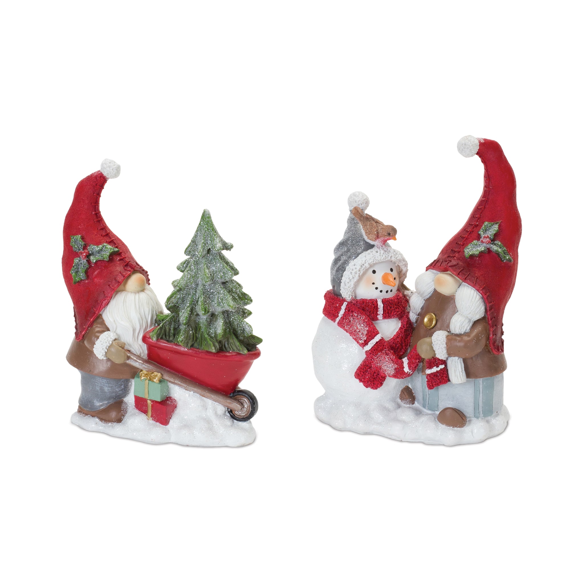 Gnome Figurine with Snowman and Pine Tree Set