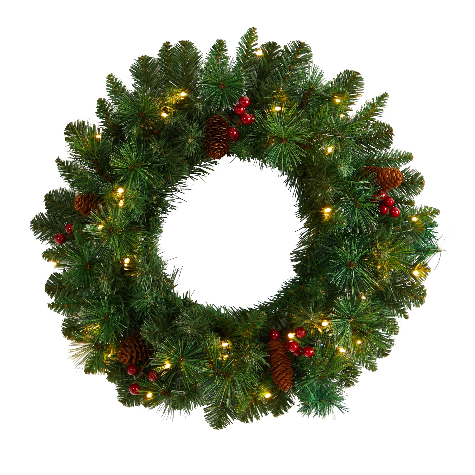20&#x22; White LED Lights Frosted Pine Artificial Christmas Wreath With Pinecones &#x26; Berries
