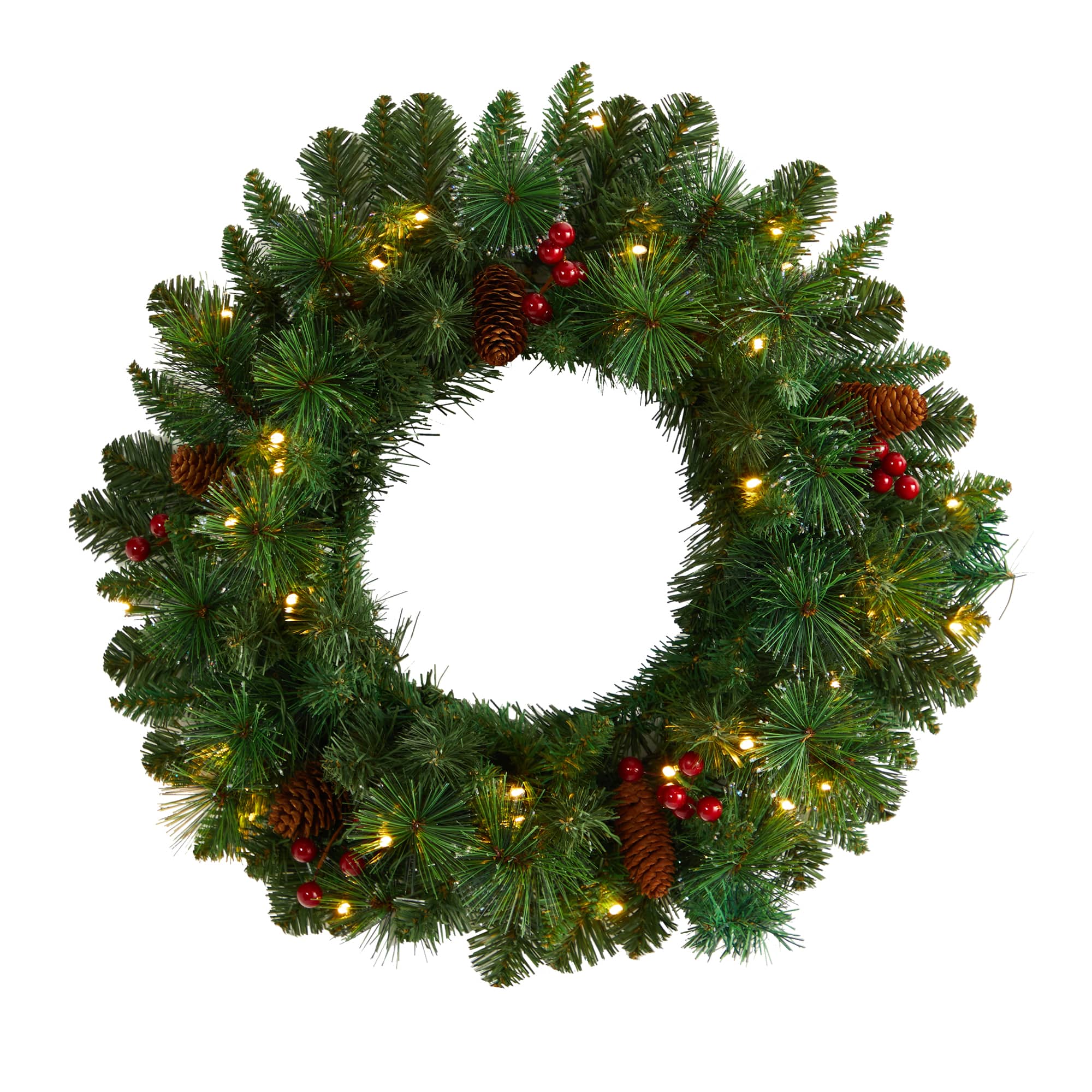 20" White LED Lights Frosted Pine Artificial Christmas Wreath With Pinecones & Berries