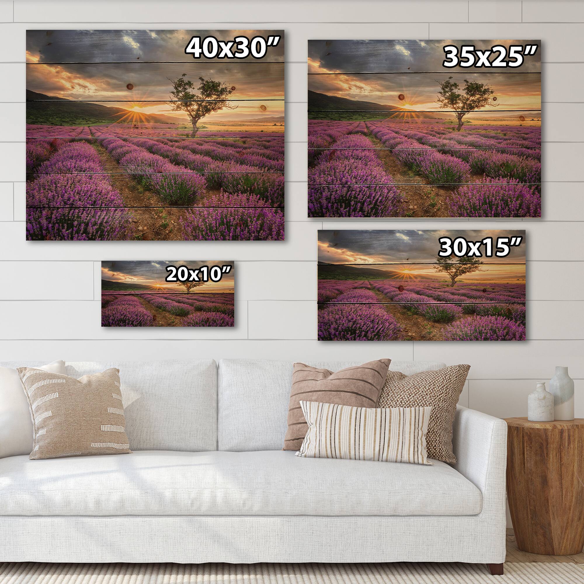 Designart - Sunrise &#x26; Dramatic Clouds Over Lavender Field VIII - Farmhouse Print on Natural Pine Wood