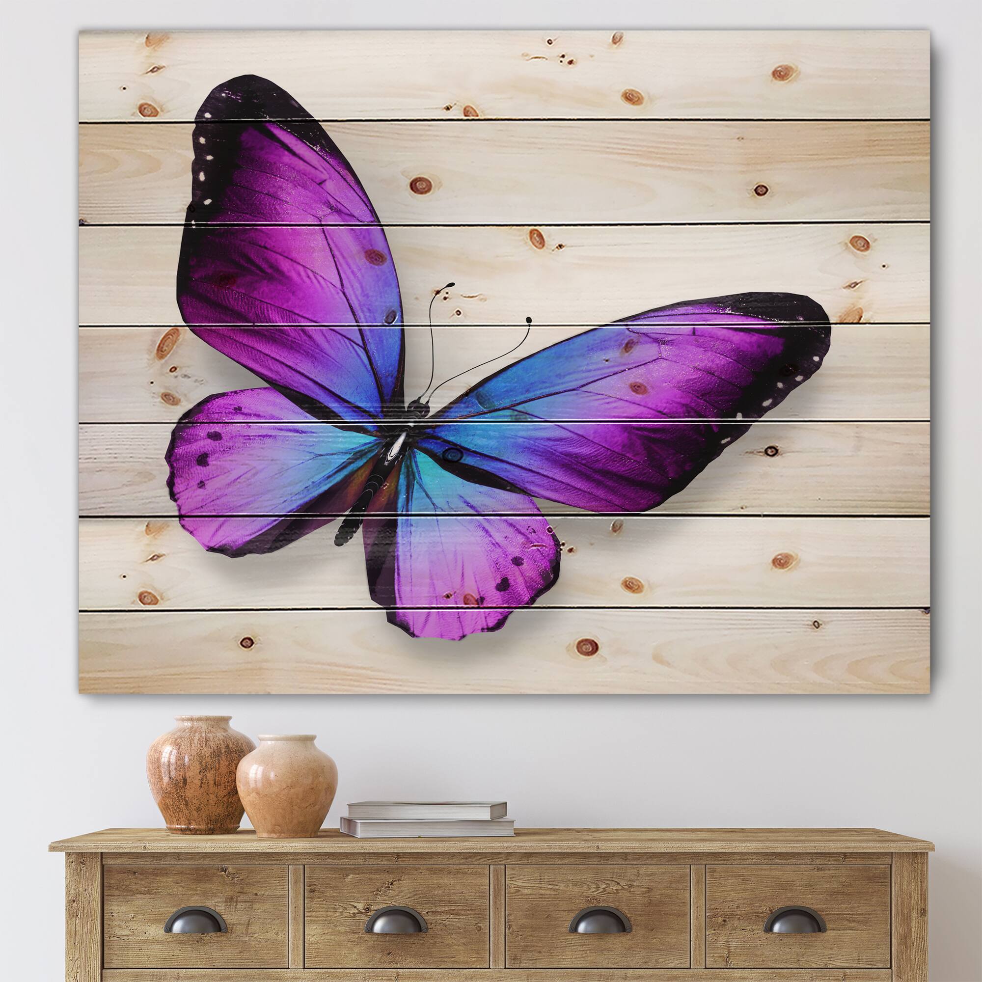 Designart - Violet and Blue Butterfly - Modern Print on Natural Pine Wood