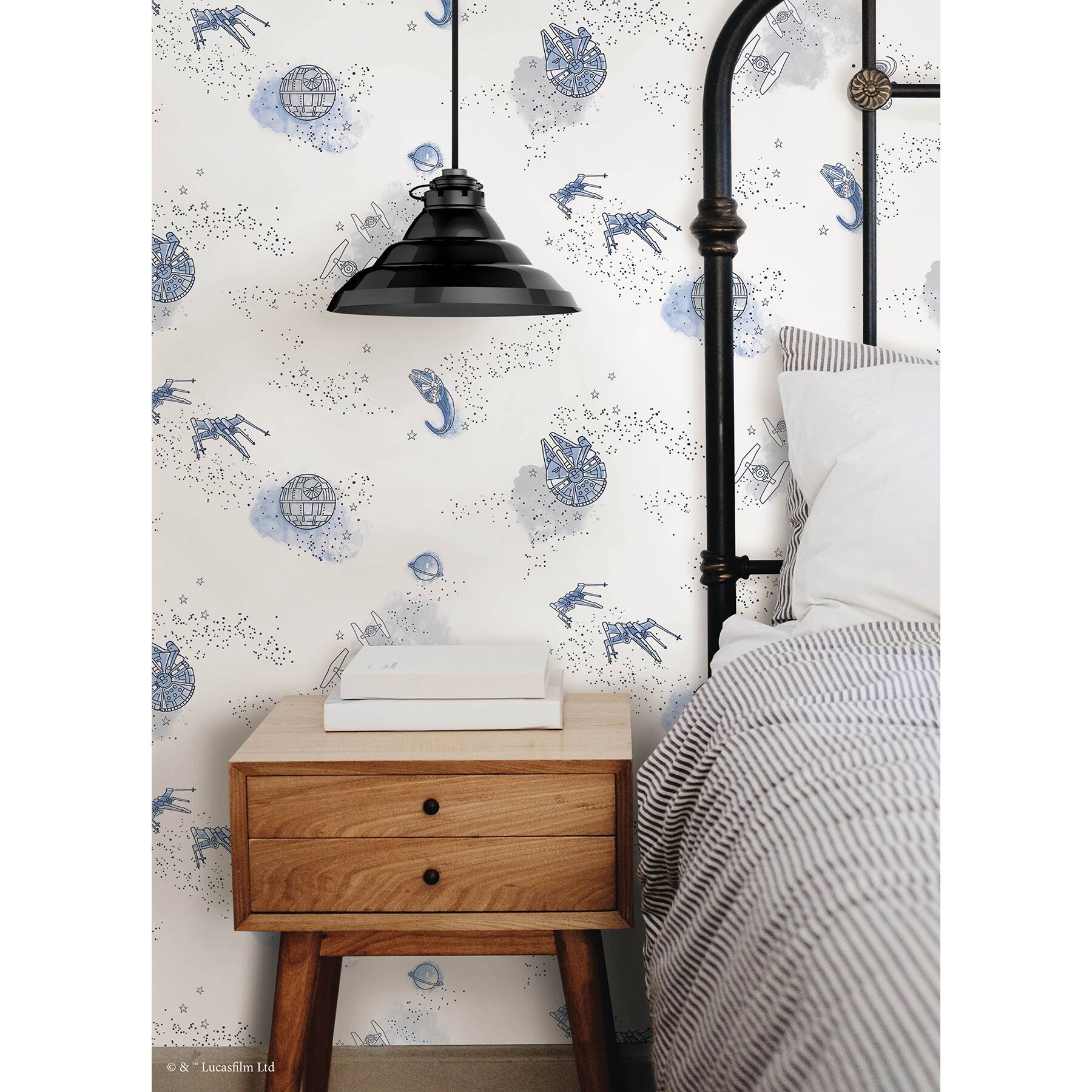 RoomMates STAR WARS Good Night Galaxy Blue and white STAR WARS&#x2122; Peel and Stick Wallpaper 20.5&#x22; x 18-ft roll covers about 30.8 sq. ft
